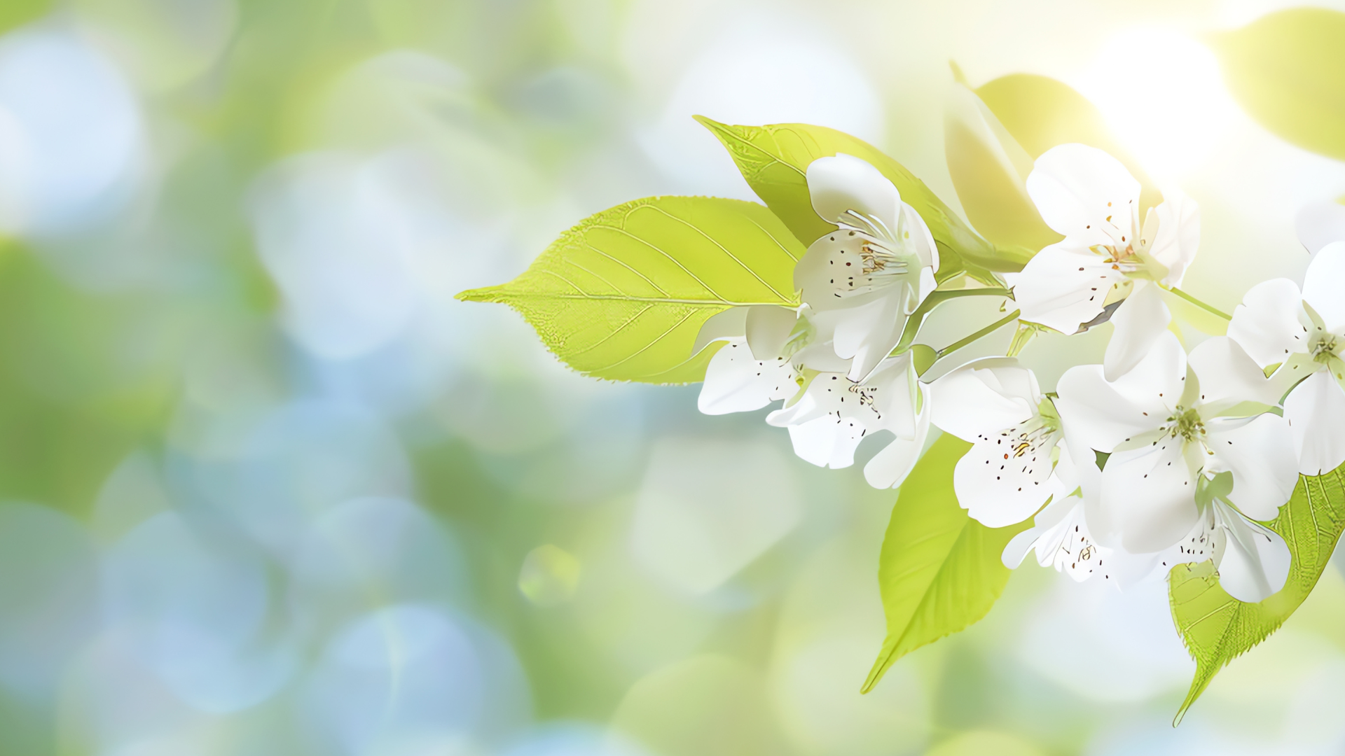 Zweig mit weißen Blüten und grünen Blättern vor einem sonnigen, unscharfen Hintergrund.