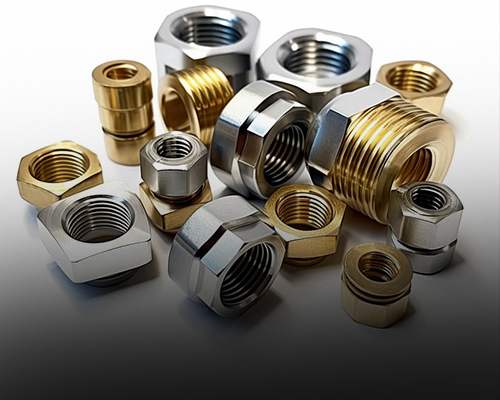 Eine Sammlung metallischer Sechskantmuttern und Gewindeverbindungen in verschiedenen Größen und Arten, angezeigt auf einem Hintergrund mit Farbverlauf.