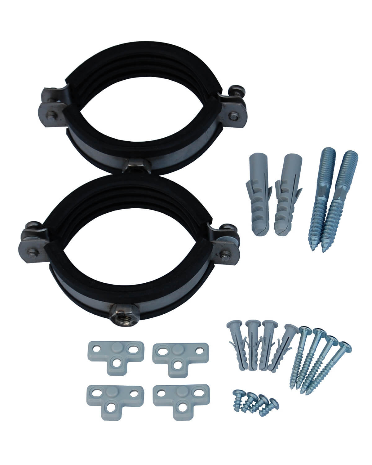 Ein Paar schwarze PURION Montageset Singles Typ 2 Rohrschellen mit verzinkten Schellenschrauben und Bolzen.