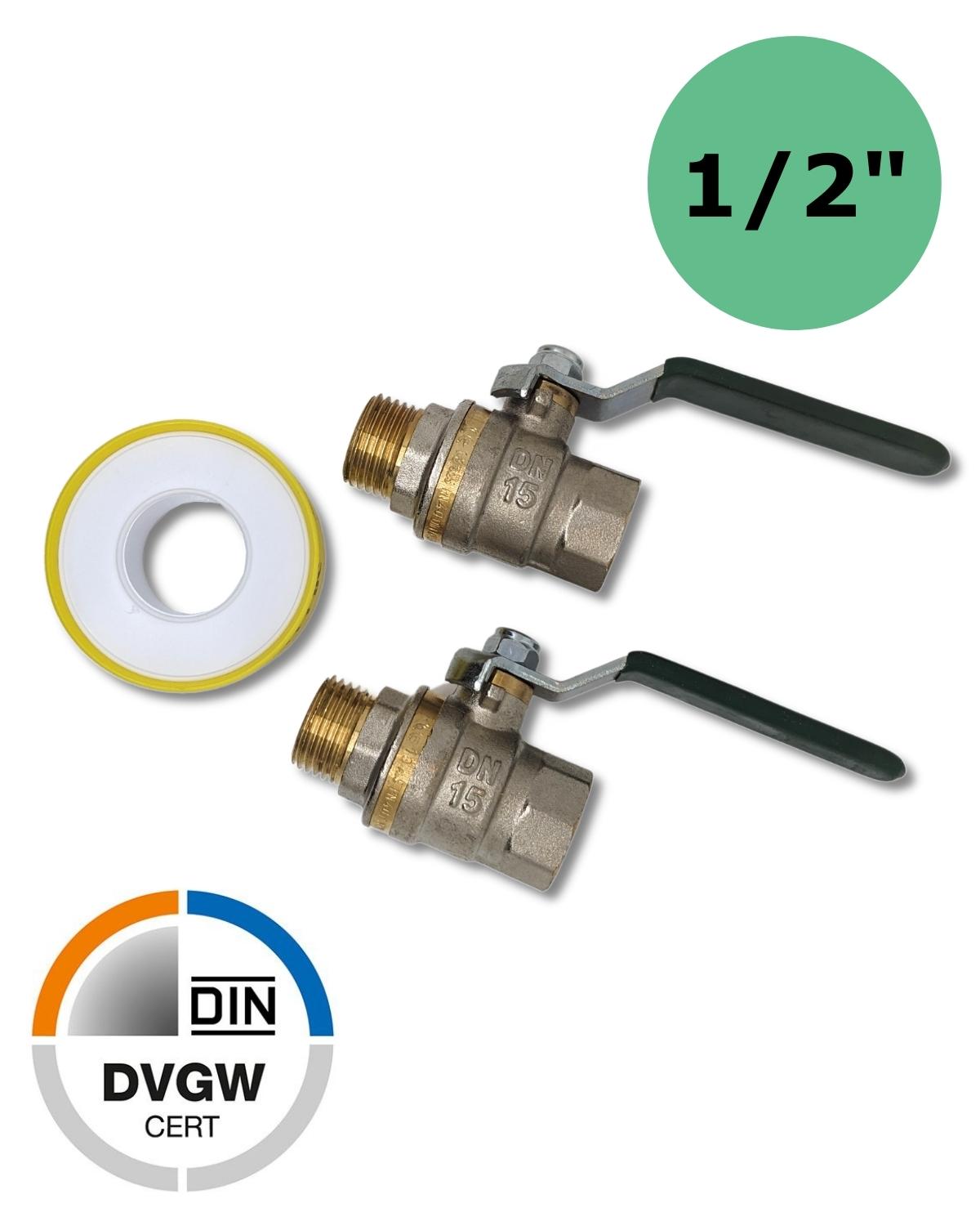 Zwei Kugelhähne der UV Concept GmbH 1/2 Zoll Absperrhähne IG AG mit einer Unterlegscheibe und einer Dichtung.
