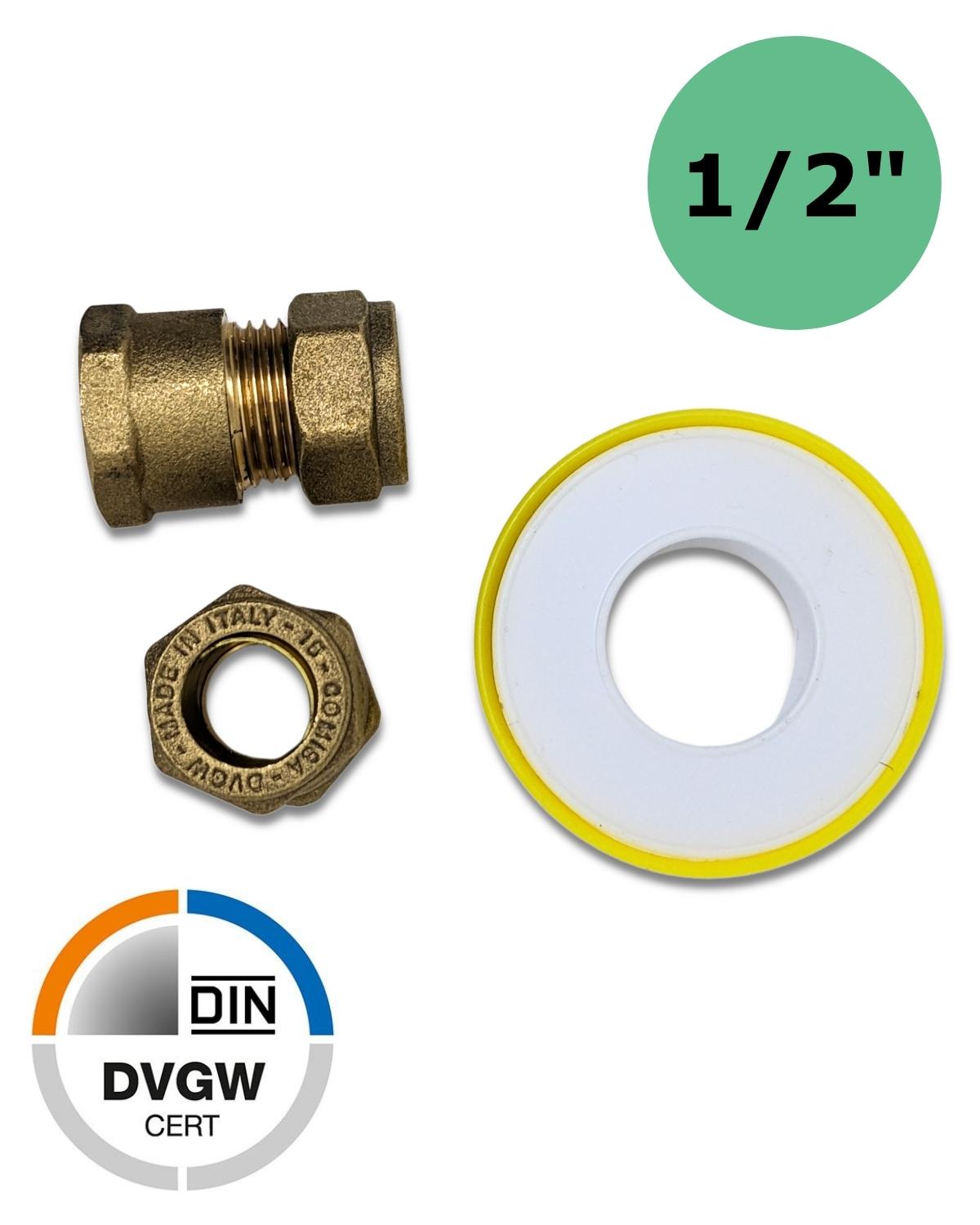 Dwg dwg DVGW-zertifiziert, Zwei 1/2" Zoll Klemmverbinder zu 15mm UV Concept GmbH Messing.