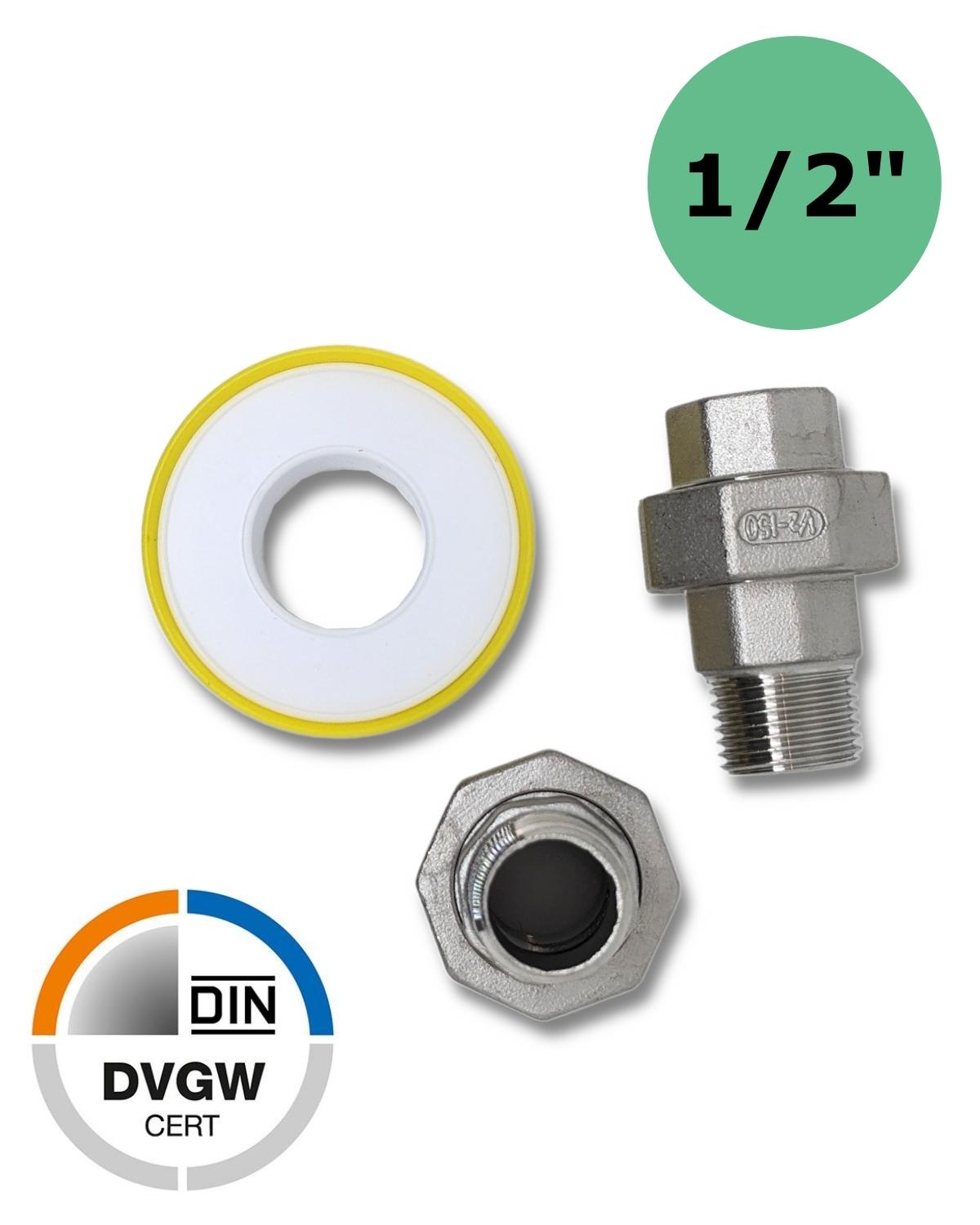 DVGW-zertifizierte Zwei 1/2" Edelstahlverschraubungen auf Außengewinde von UV Concept GmbH.