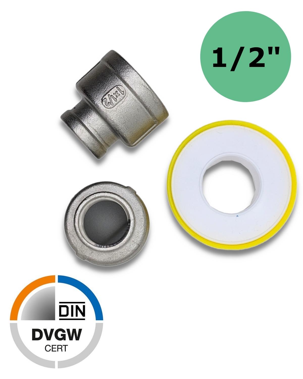 Zwei 1/2" Vergrößerungen Edelstahl auf 1" Innengewinde von UV Concept GmbH.