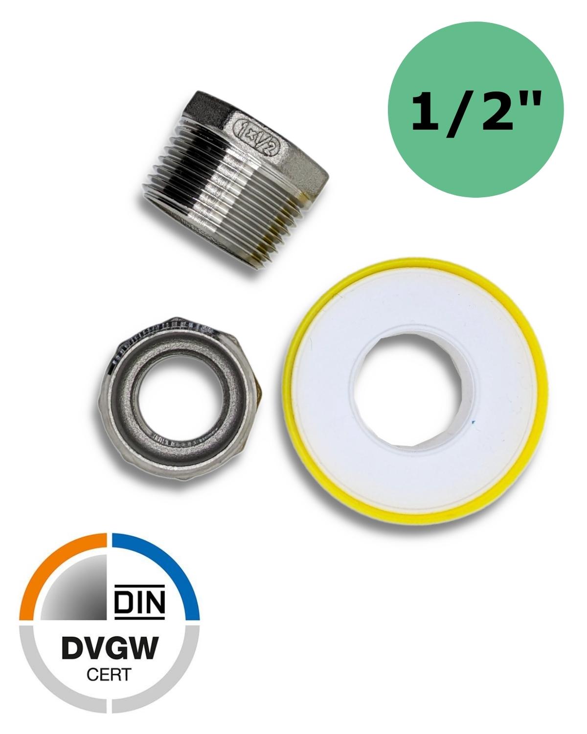 Zwei 1/2" Vergrößerungen Edelstahl auf 1" Außengewinde, UV Concept GmbH.