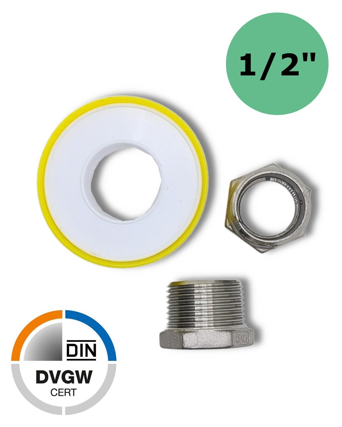 Eine weiß-gelbe Mutter aus Edelstahl mit einem UV Concept GmbH Zwei 1/2" Vergrößerungen Edelstahl auf 3/4" Außengewinde Außengewinde.