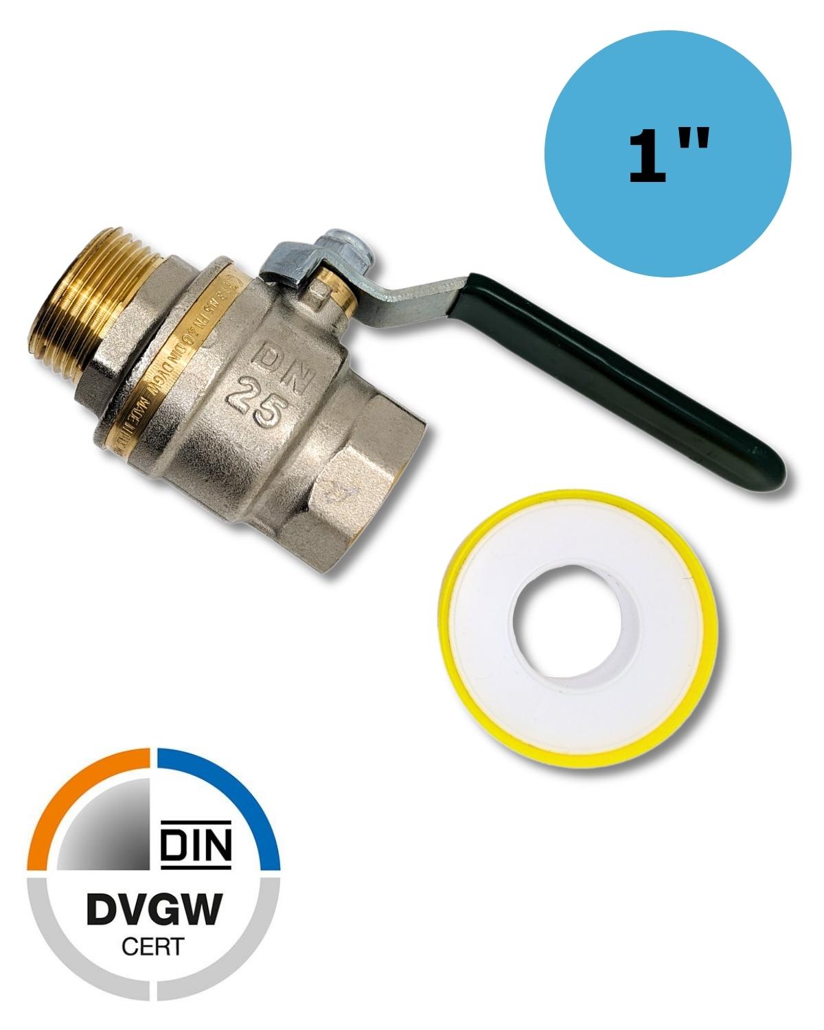 Ein 1" Zoll Absperrhahn IG AG Kugelhahn mit einer Unterlegscheibe und einer Dichtung. Dieser Kugelhahn verfügt über einen Außengewindeanschluss aus Messing/Edelstahl, was ihn zu einem zuverlässigen und UV Concept GmbH macht.
