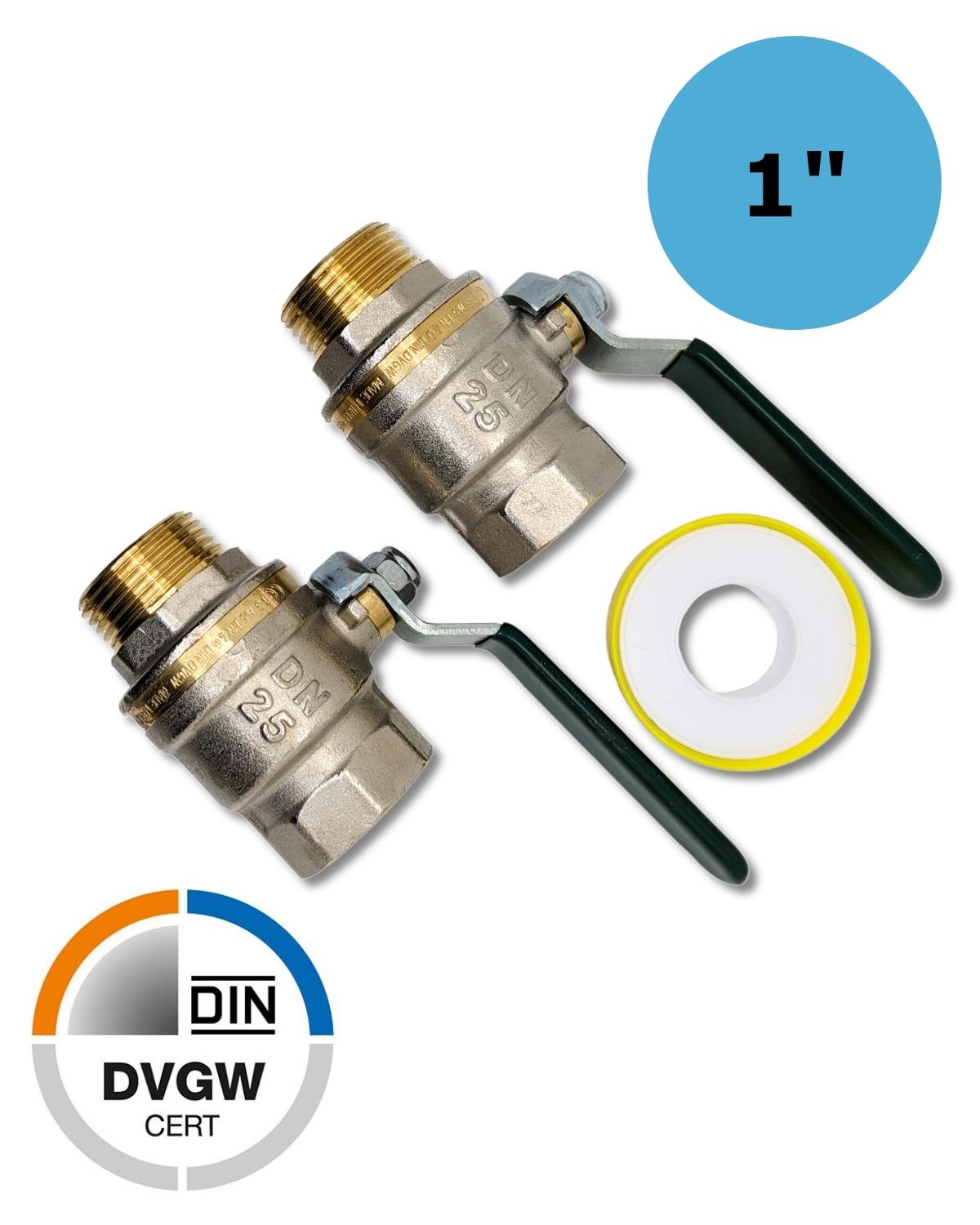 Two UV Concept GmbH Zwei 1" Zoll Absperrhahn IG AG mit weißem Hintergrund.