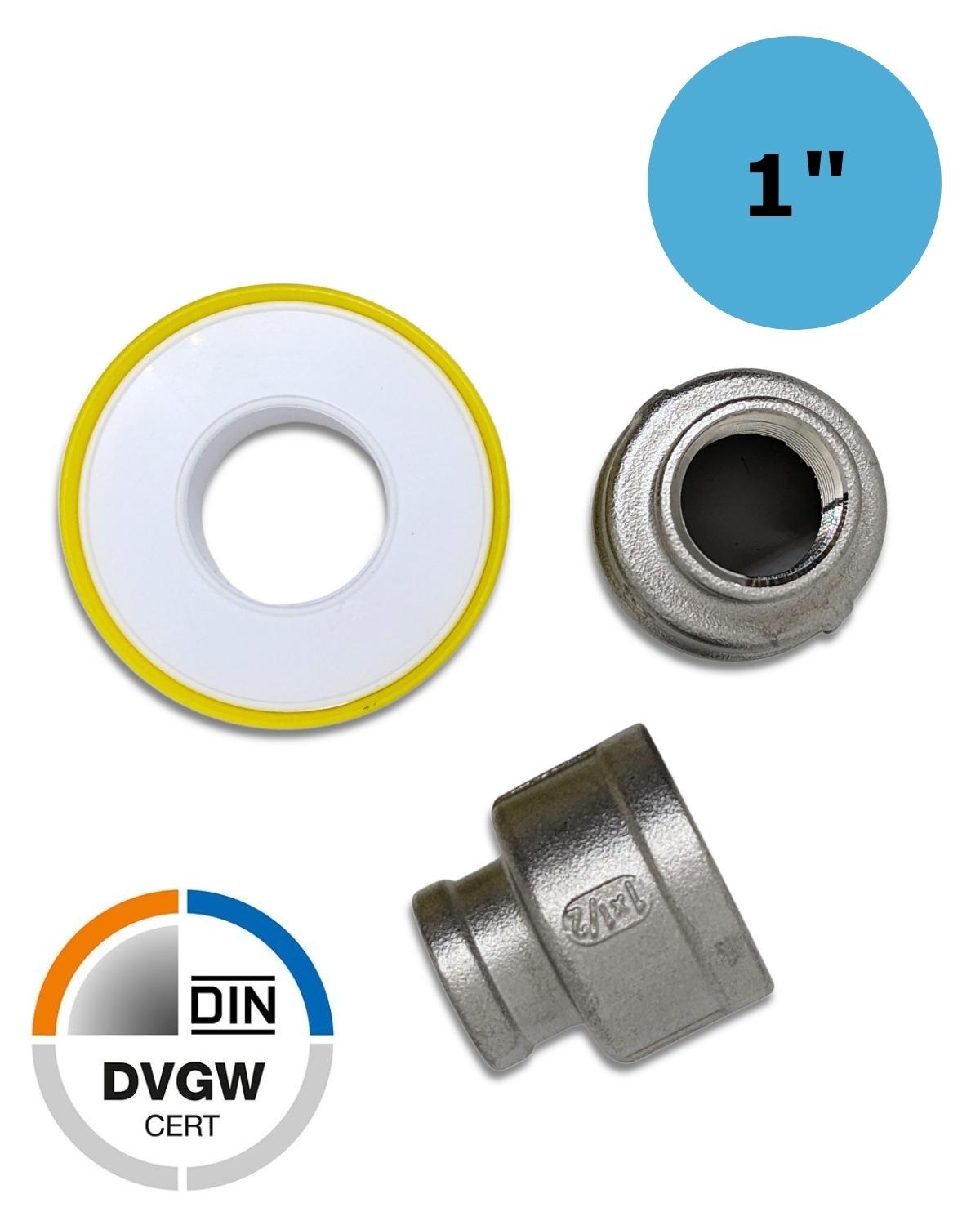 Die zwei 1" Zoll Vergrößerungen Edelstahl auf 1/2" Zoll Innengewinde der UV Concept GmbH haben eine Größe von 1 Zoll.