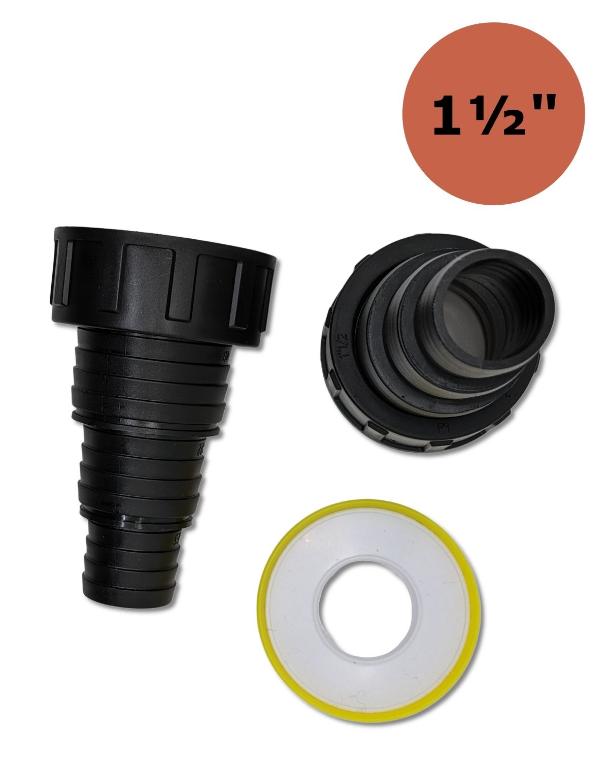 Ein schwarzer UV Concept GmbH Zwei 1 1/2 Zoll zu gestufte Schlauchtülle 40/32/25-Anschluss aus Kunststoff mit Gummidichtung.