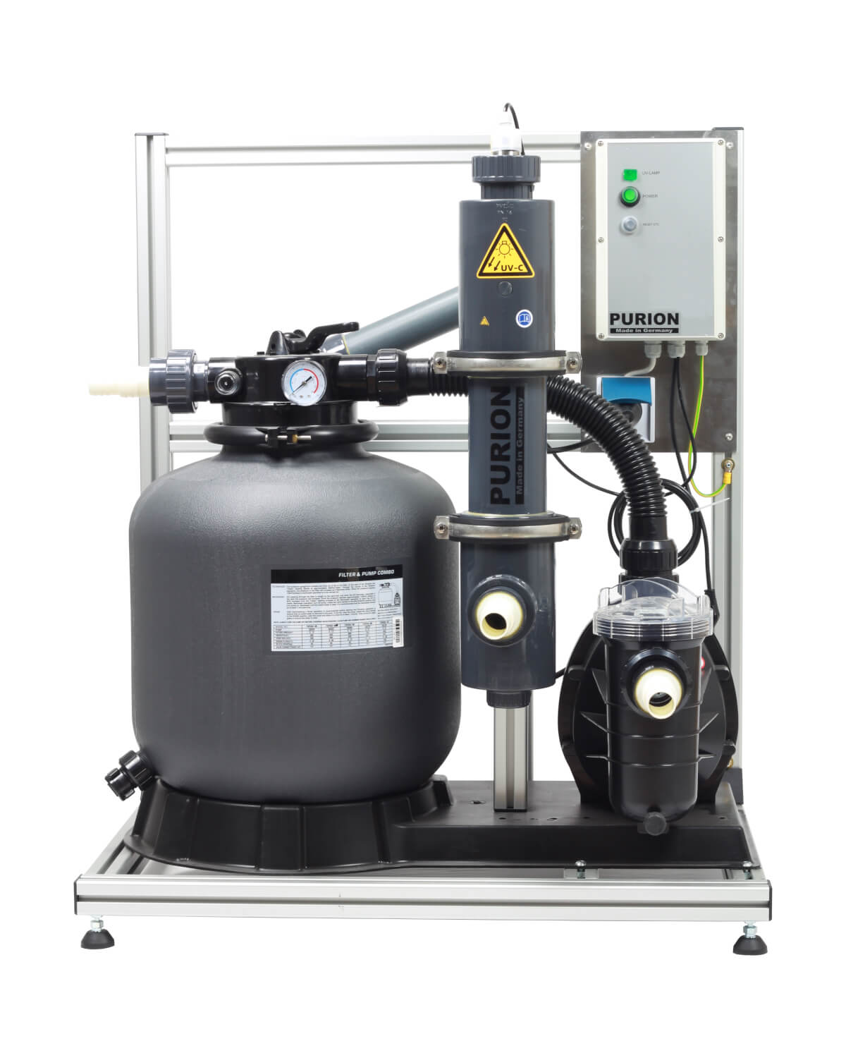 Ein PURION Pool 40 PVC-U Basic Wasserfiltersystem mit einer Pumpe und einem Filter der PURION GmbH.