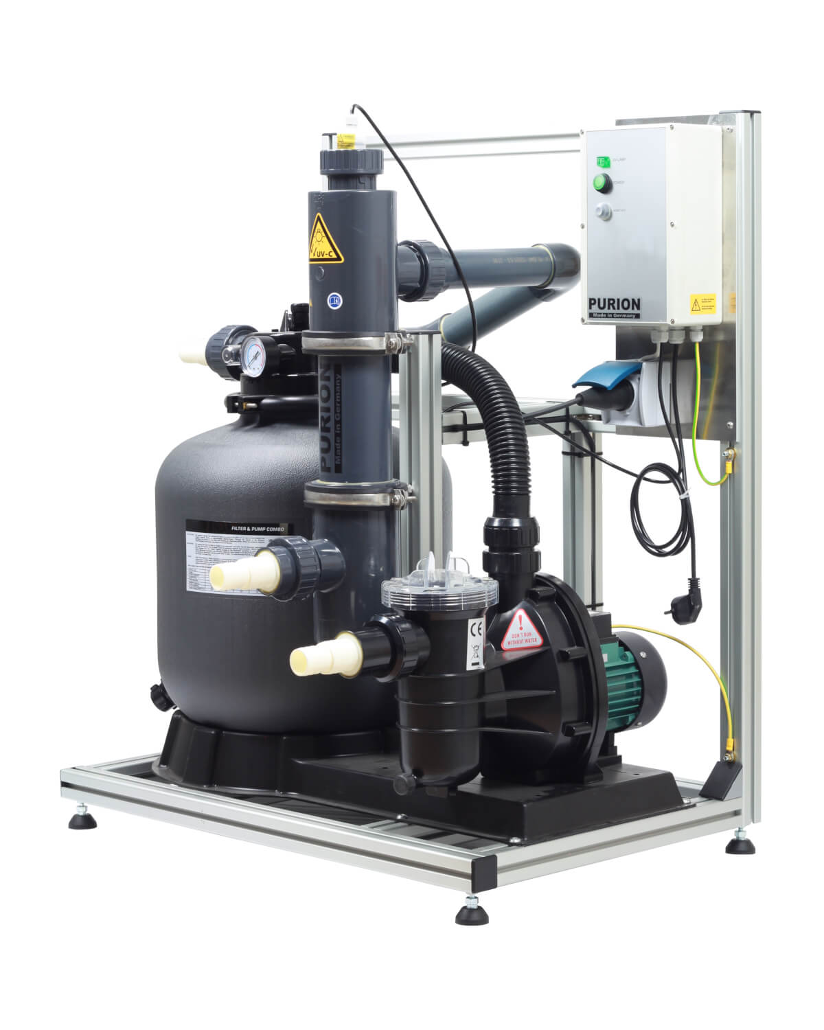 Ein PURION Pool 40 PVC-U Basic Poolwasserfiltersystem mit Pumpe und Schlauch. (Markenname: PURION GmbH)
