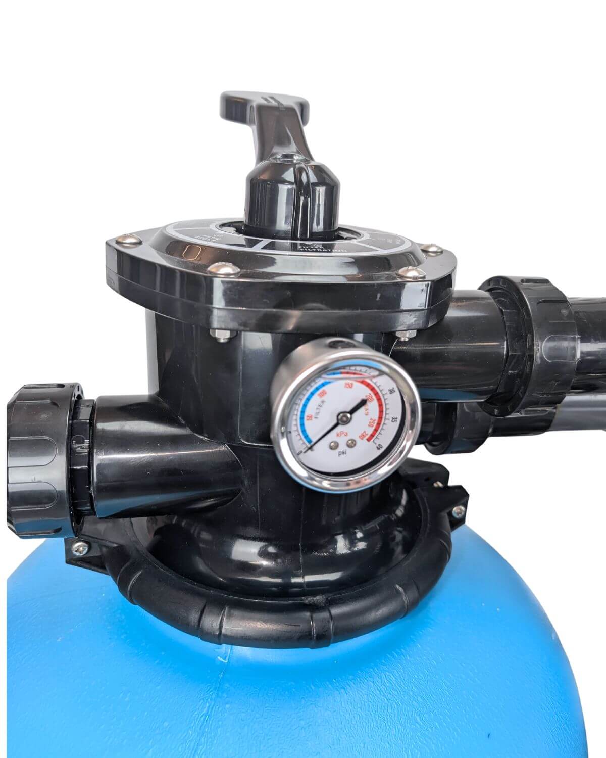 Close-up of a black plastic filter valve with a pressure gauge on a blue tank, used in the PURION Pool 40 Stainless Steel Plus from PURION GmbH - an essential component for efficient pool filtration.