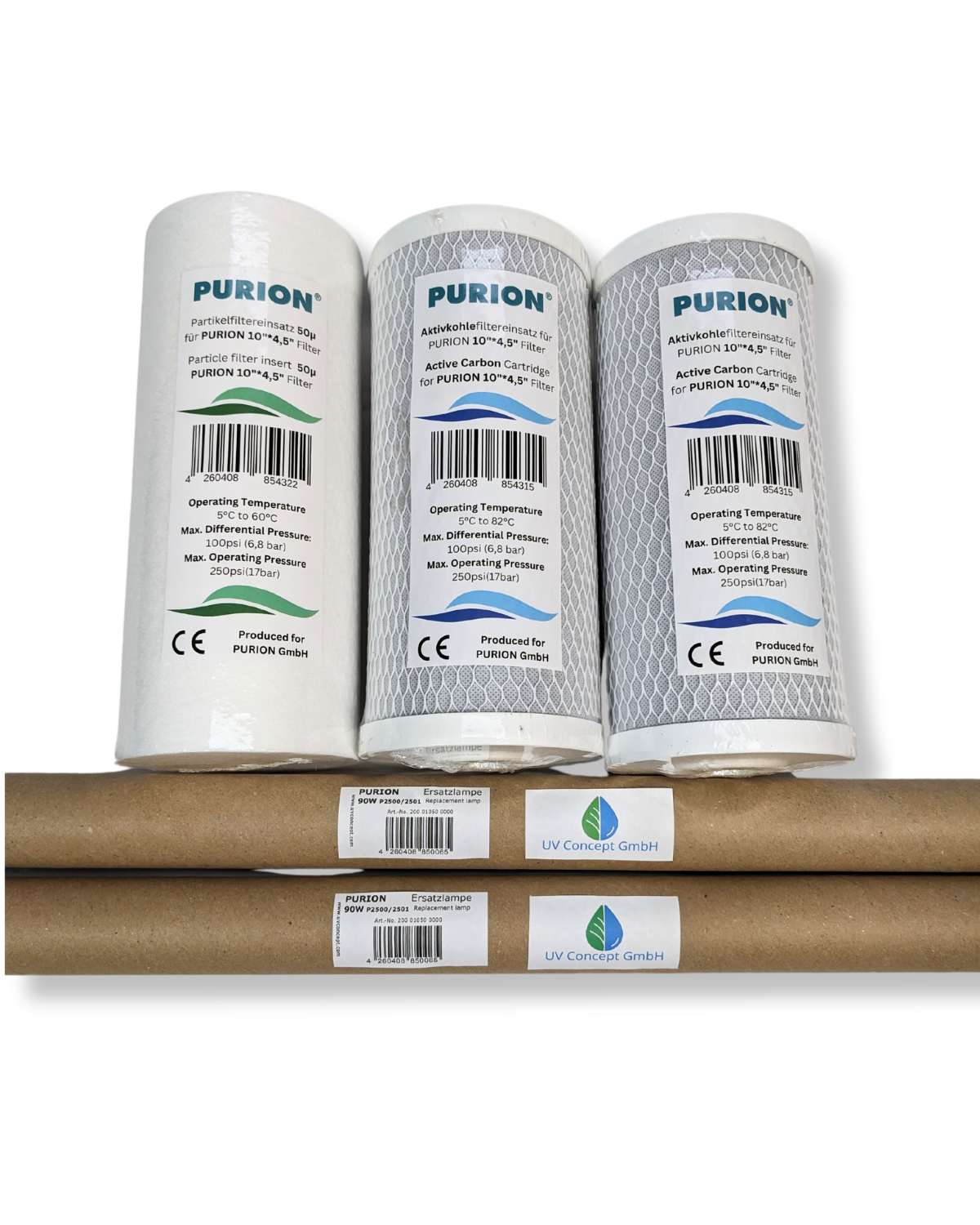 Sorgen Sie mit den Puron-Wasserfilterkartuschen der UV Concept GmbH für sauberes und sicheres Wasser. Sorgen Sie dafür, dass Ihr System effizient läuft mit dem 1 Jahr Wartungsset für PURION 2500 90W DUAL Starter der UV Concept GmbH.