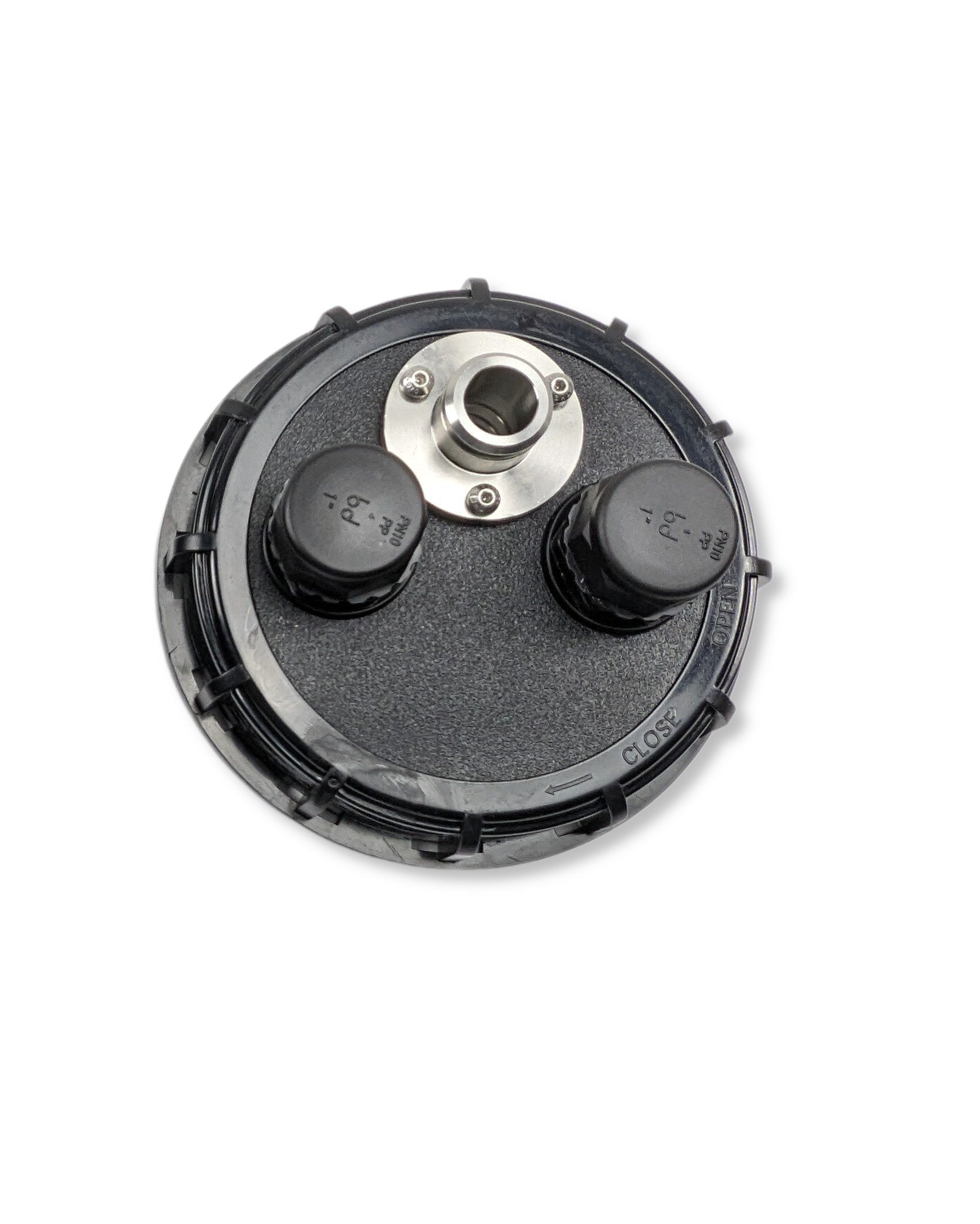 Eine schwarze Abdeckung mit zwei Knöpfen darauf, die Verkeimungen und trübem Tankwasser standhält: Die PURION IBC DN150 90W OTC SPL BS Abdeckung von UV Concept GmbH.