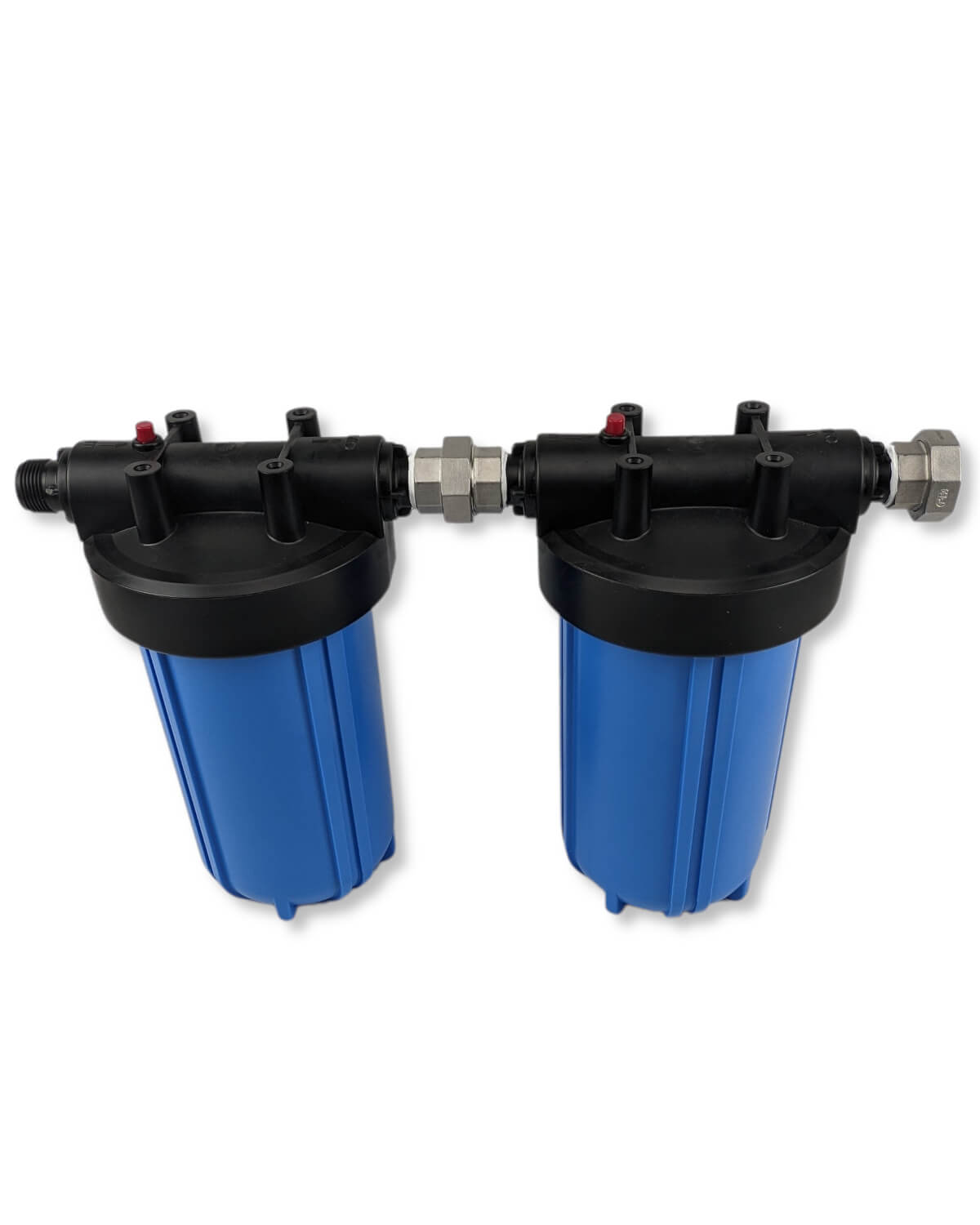 Zwei PURION GmbH PURION doppelter Big Blue Vorfilter auf weißem Hintergrund.