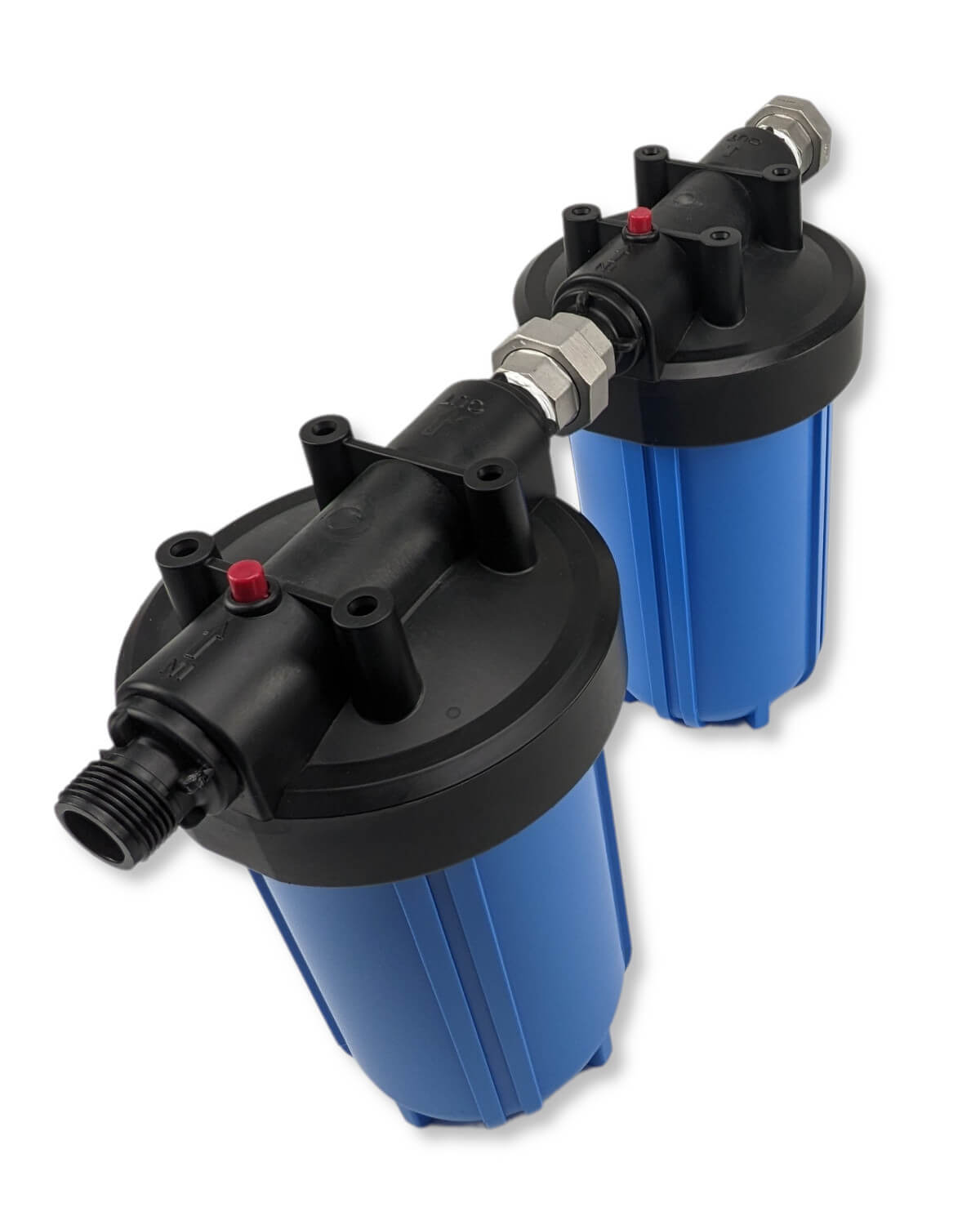 Zwei PURION doppelter Big Blue Vorfilter für die PURION GmbH auf weißem Hintergrund.