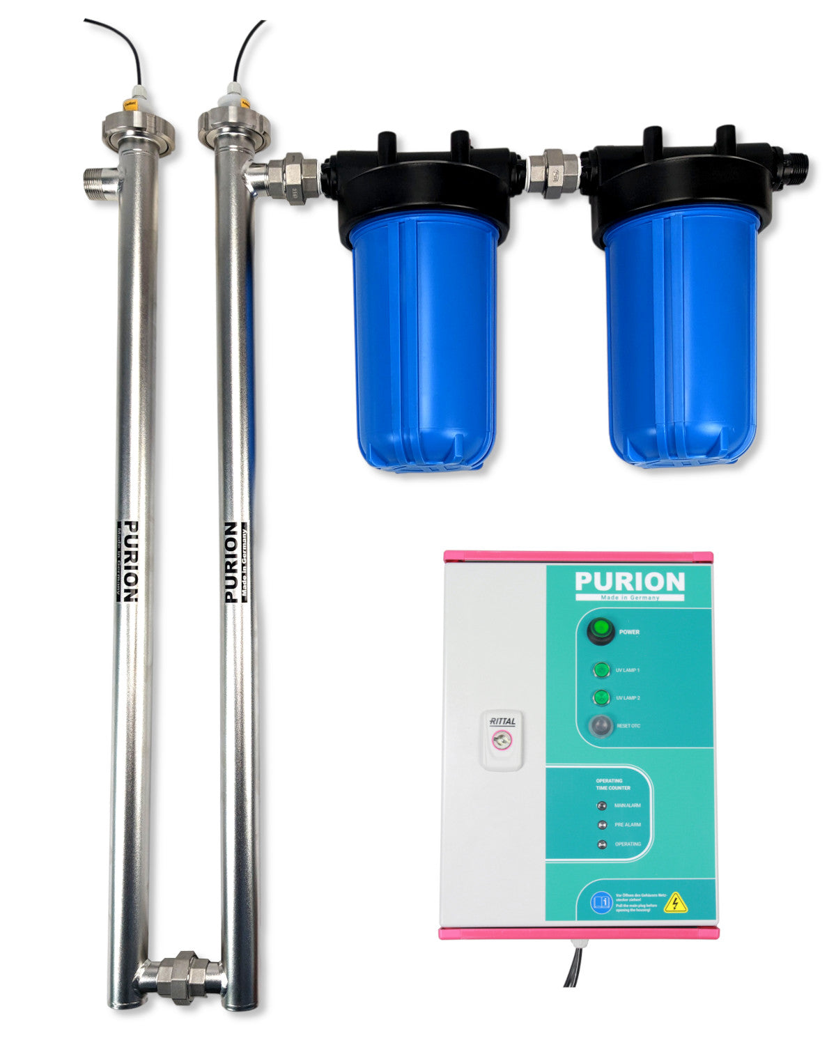 Modifizierte Beschreibung: Ein PURION 2500 90 W DUAL Starter-Wasseraufbereitungssystem mit zwei blauen Wasserfiltern für verbesserte Wasserqualität. (Markenname: PURION GmbH)
