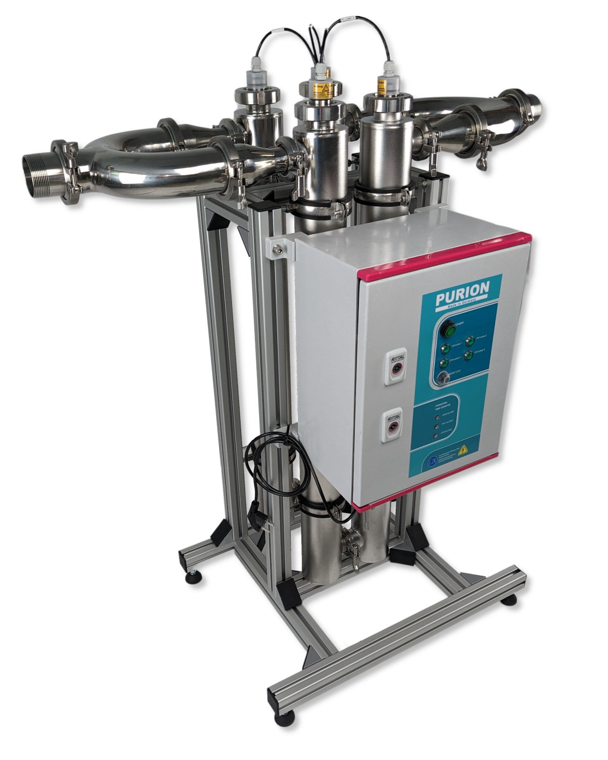 Eine PURION 4x 2501-Maschine mit zwei Verteilerrohren auf weißem Hintergrund.