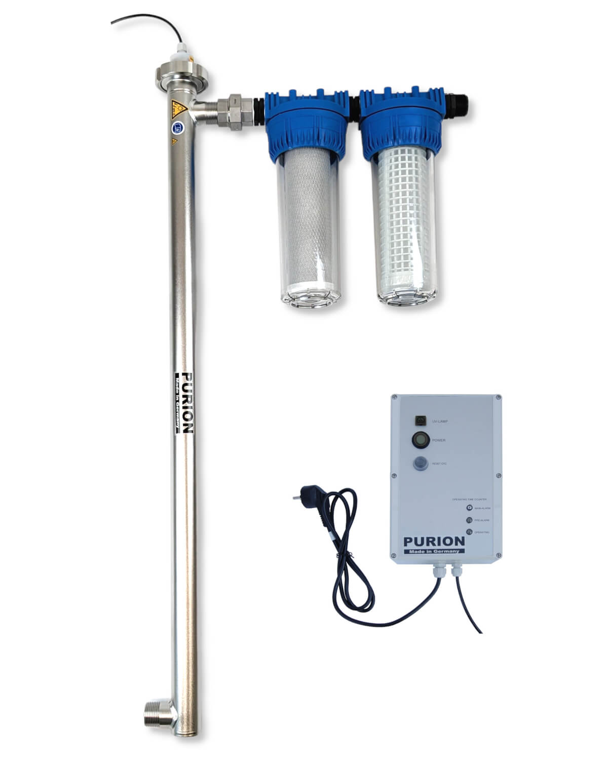 Beschreibung: Ein Wasseraufbereitungssystem mit dem PURION 2500 36W Starter Wasserfilter und einer Stromversorgung von PURION GmbH zur Erfüllung von Trinkwasser-Qualitätsstandards.