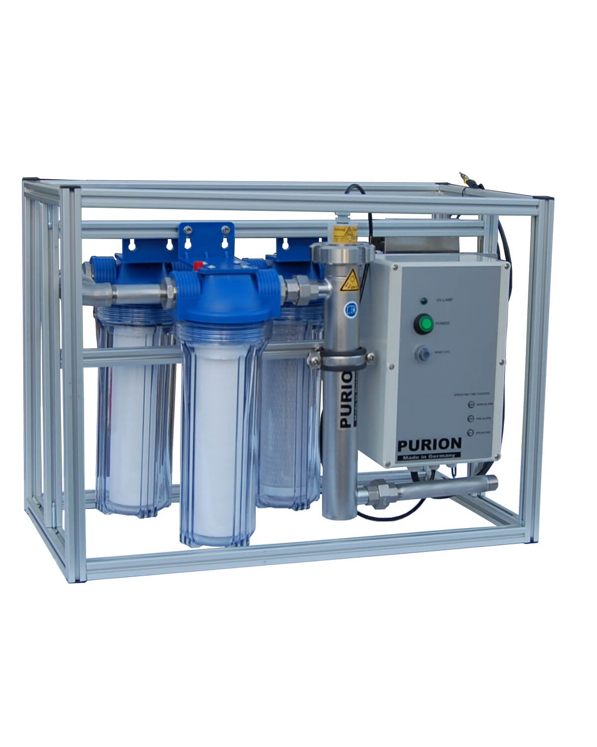 Ein Kompaktsystem MAX active mit blauem Aktivkohlefilter der Firma PURION GmbH.