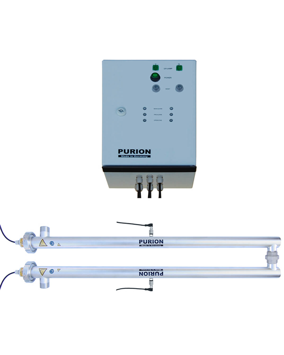 Ein Set aus zwei elektronischen PURION 2500 36W DUAL ESM-Geräten mit weißem Hintergrund, UV-C-Desinfektions- und Trinkwasserfunktionen. Diese Geräte sind mit dem PURION 2500 36W der PURION GmbH ausgestattet.