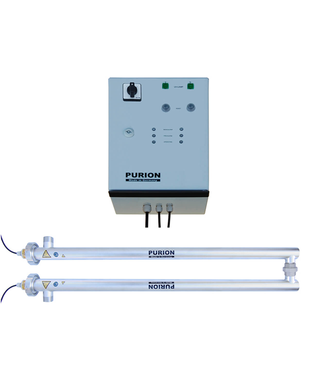 Ein PURION 2500 90 W DUAL OTC-Gerät mit zwei Metallstäben und weißem Hintergrund, das für sauberes Wasser sorgt.