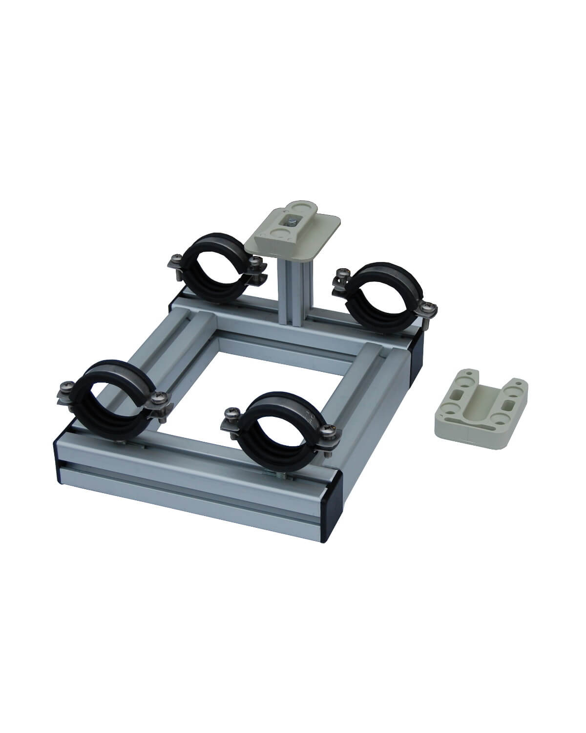 Ein Paar PURION Montageset Duals Typ 1 Metallklammern auf weißem Hintergrund mit Aluminiumrahmen.