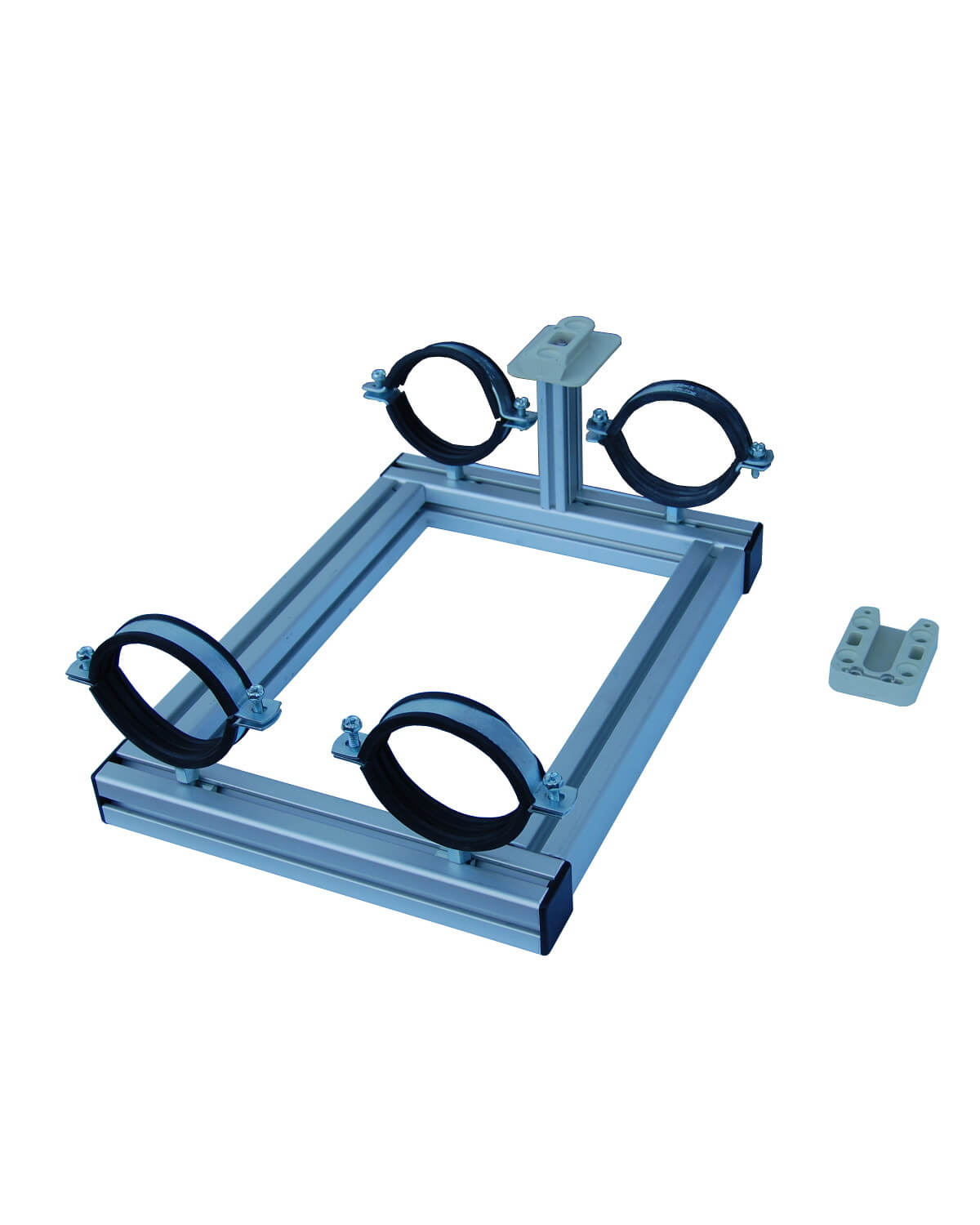 Ein Metallrahmen der PURION GmbH mit einem Paar Rädern und einem DUAL-Befestigungssystem für Edelstahlreaktoren.