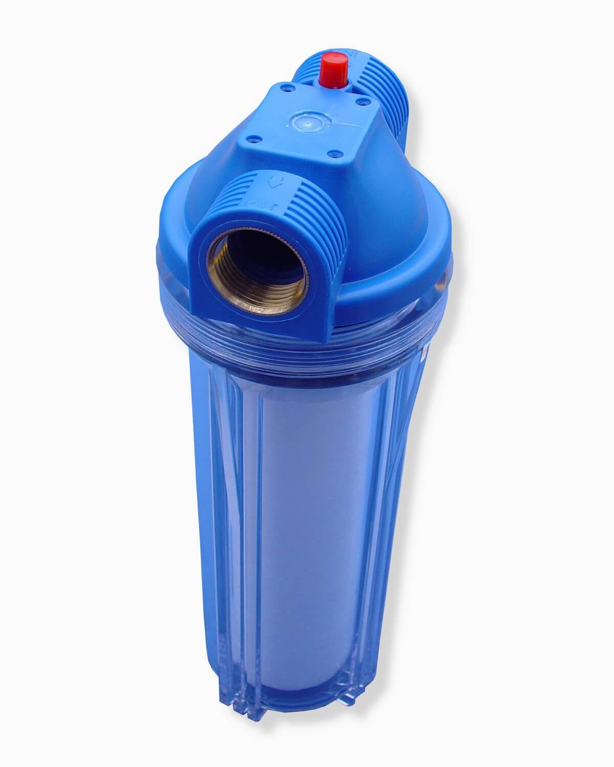 Ein blauer PURION Vorfilter 25 Micron auf weißem Hintergrund, hergestellt von der PURION GmbH.