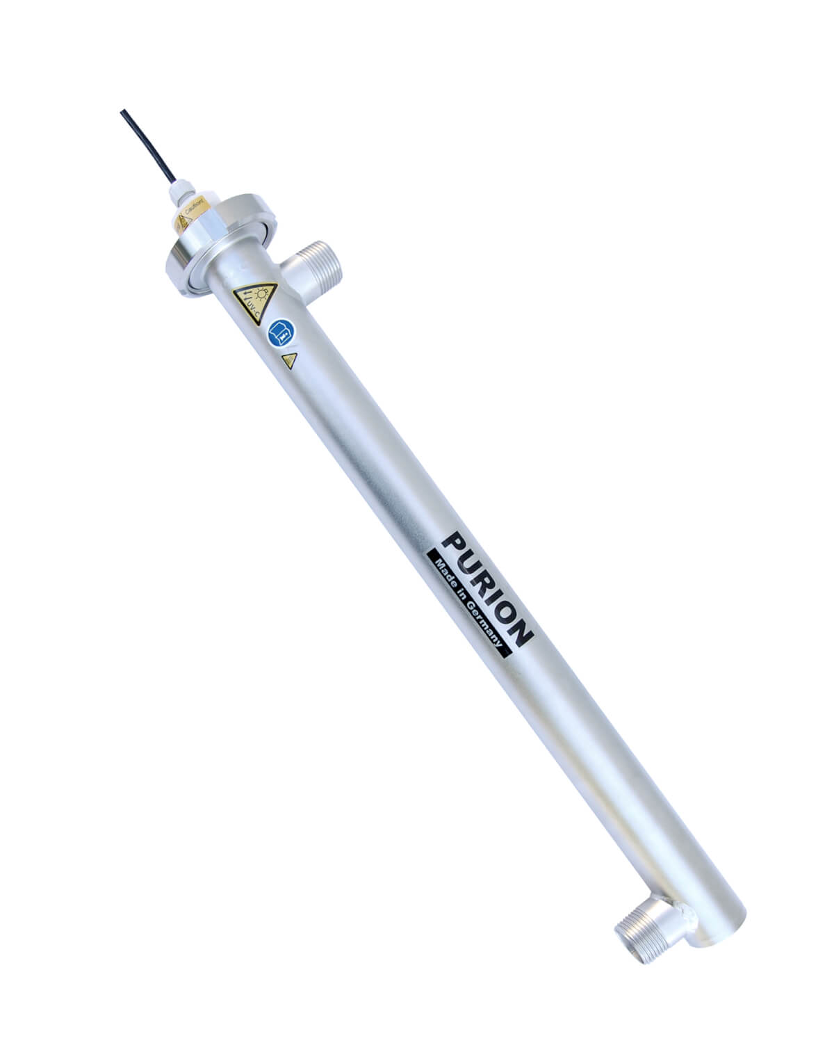 Ein Edelstahlrohr mit Griff daran, ausgestattet mit dem PURION 2000 ESM UV-Strahler, konzipiert für sicheres und sauberes Trinkwasser.
