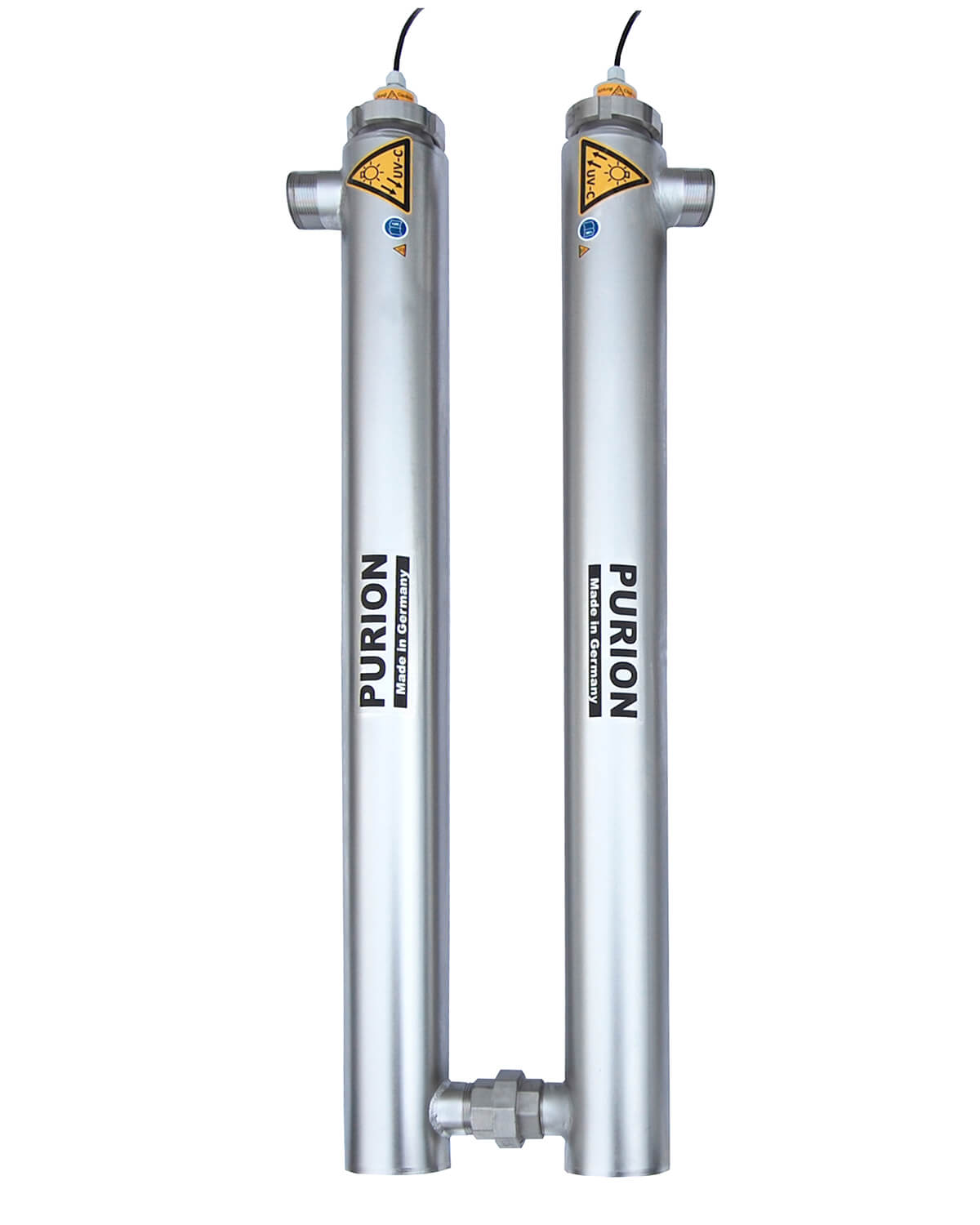Zwei PURION 2501 DUAL OTC Plus Edelstahlflaschen auf weißem Hintergrund.