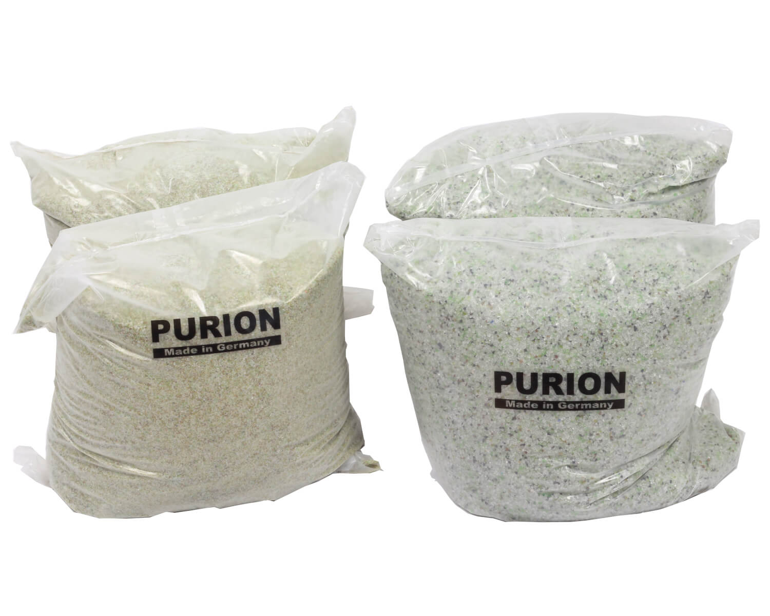 Drei Beutel PURION Pool 80 PVC-U Plus-Granulat auf weißem Hintergrund, mit UV-C-Technologie für eine umweltfreundliche und chemiefreie Lösung.