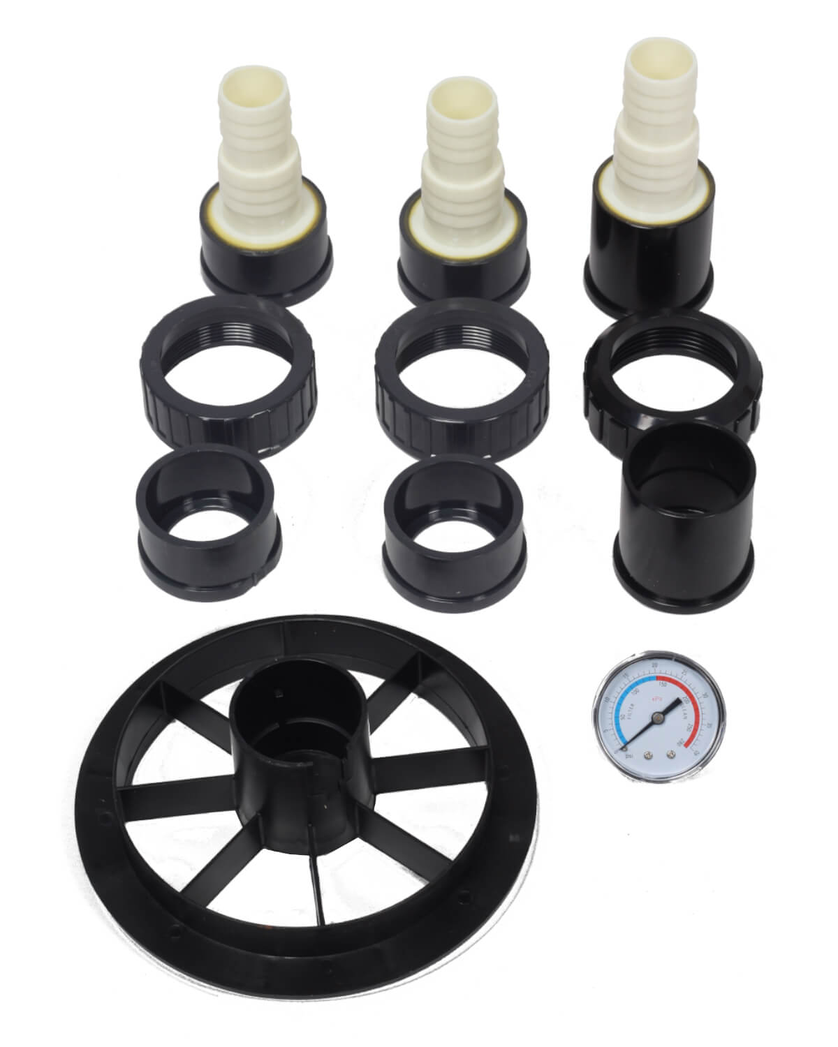 Ein Satz PURION Pool 80 PVC-U Plus Kunststoffteile für ein Manometer mit UV-C-Technologie. (Marke: PURION GmbH)