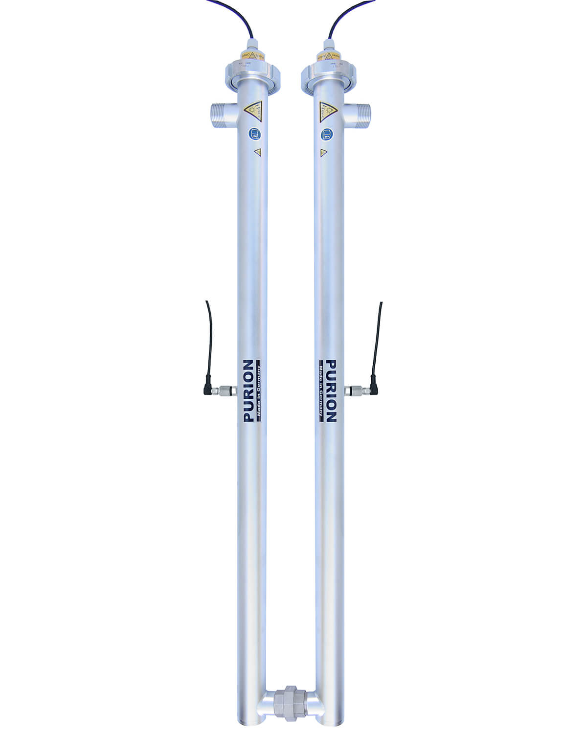 Ein Paar PURION 2500 H DUAL ESM Fahrradpedale auf weißem Hintergrund, die von der PURION GmbH einer UV-C-Desinfektion zur Legionellenreinigung unterzogen werden.