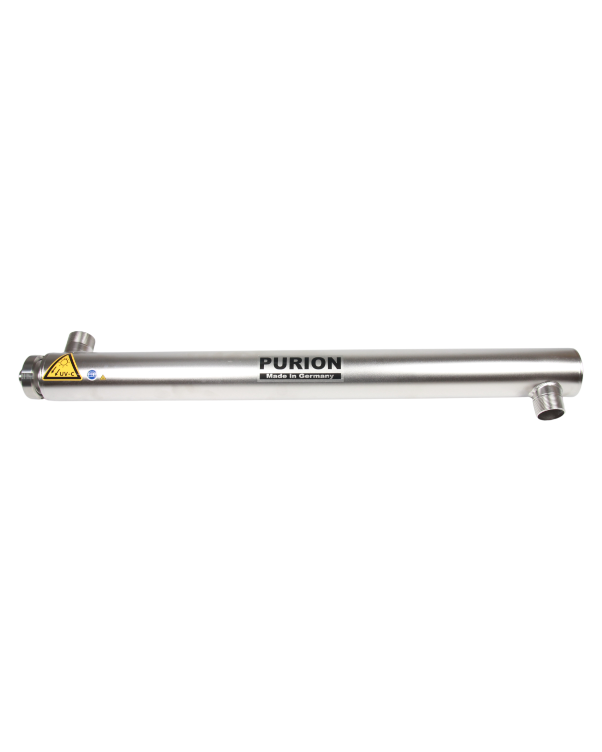Ein PURION 2501 OTC Plus Edelstahlrohr mit dem Wort Furion darauf, konzipiert für die UV-C-Desinfektion bei der Schwimmbadreinigung.