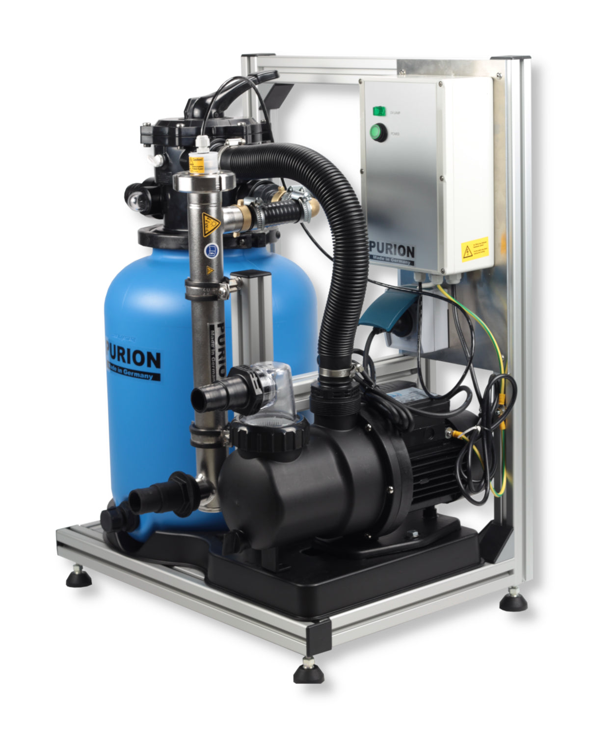 Ein PURION Pool 20 Edelstahl Basic Wasserfiltersystem der PURION GmbH auf weißem Hintergrund.