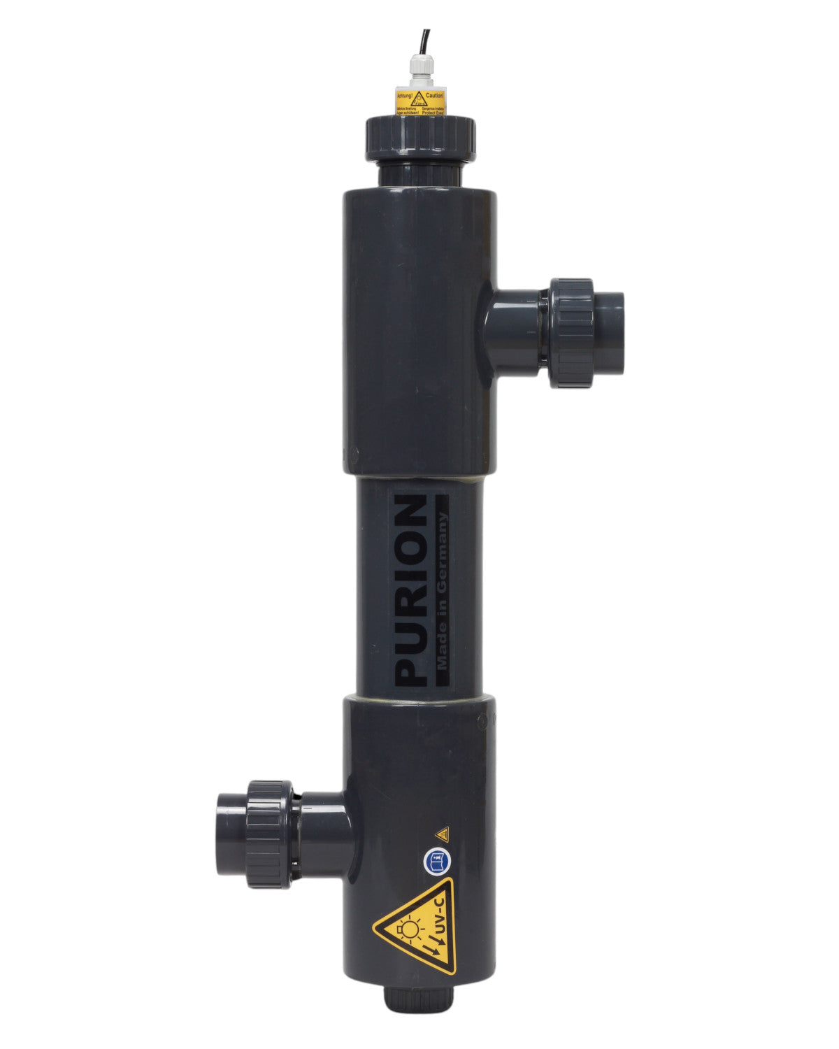 Ein schwarz-gelbes PURION 2001 PVC-U Basic-Ventil für Salzwasserpool mit einem gelben Pfeil darauf. (Marke: PURION GmbH)