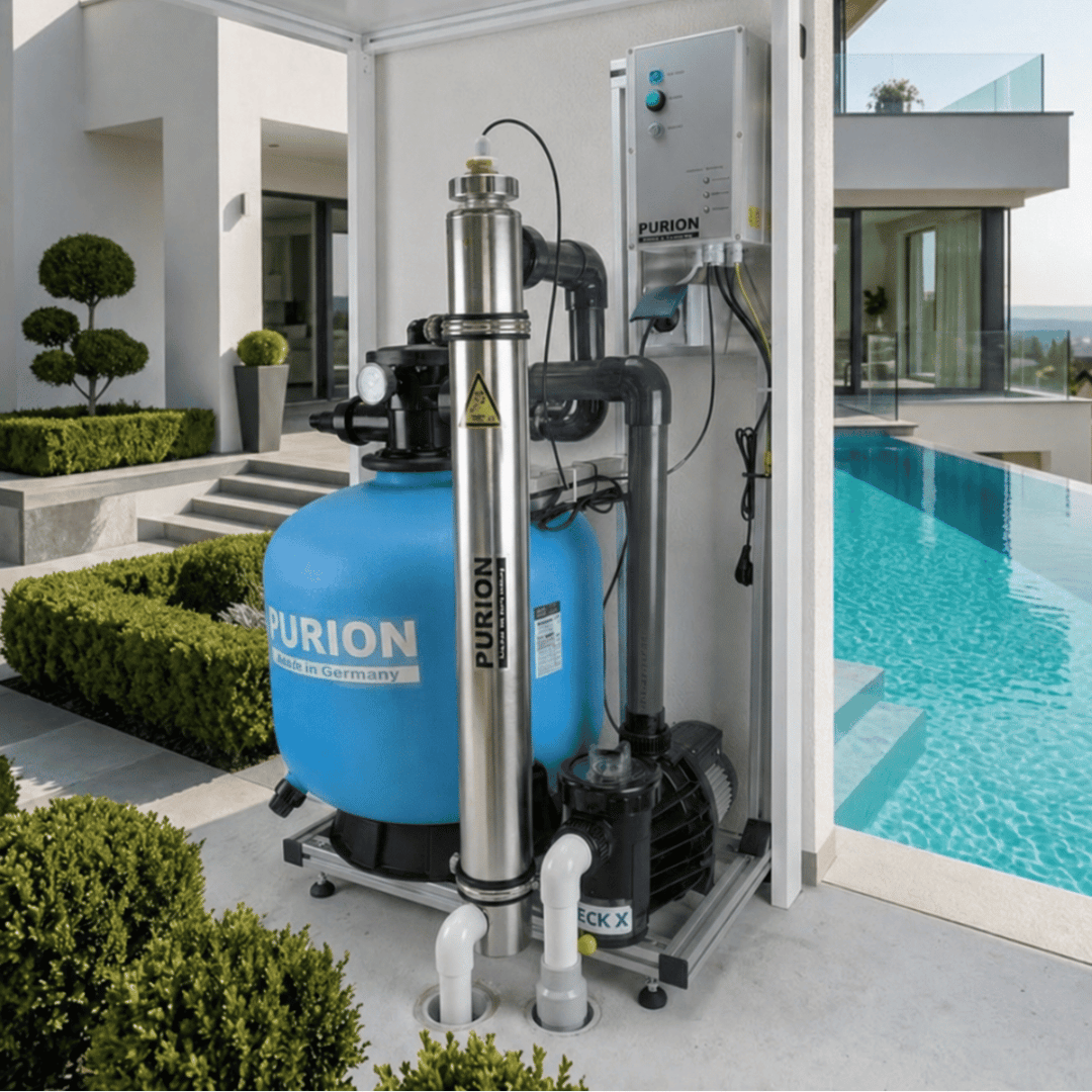 Neben einem Außenpool eines modernen Hauses ist ein Filter- und Reinigungssystem für Schwimmbäder installiert; im Hintergrund sind der Garten und eine Treppe zu sehen.