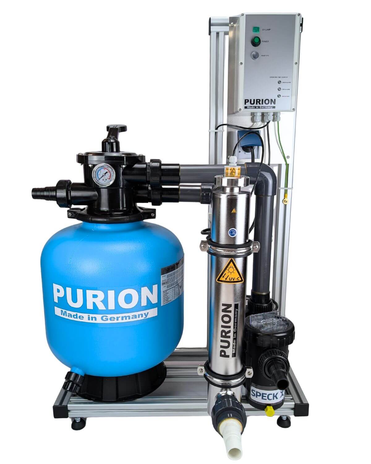 Il PURION GmbH Pool 40 Edelstahl Plus è un sistema completo per piscine con serbatoio blu, filtro piscina in acciaio inossidabile, strumenti di misurazione, quadro elettrico ed è montato su un telaio metallico.