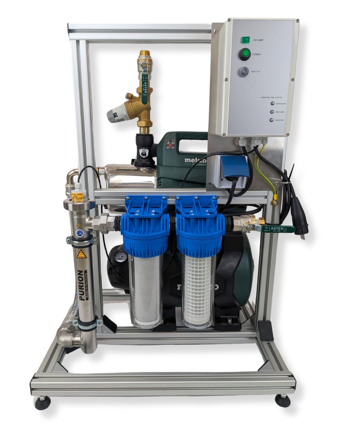 Ein aktives Wasseraufbereitungssystem PURION 1000 Starter auf weißem Hintergrund, hergestellt von der PURION GmbH.