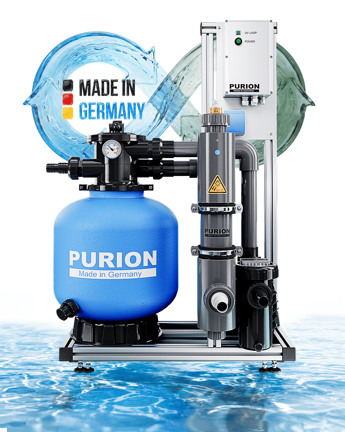 Das PURION Pool 40 PVC-U Plus der PURION GmbH ist ein blaues Wasserfiltersystem mit Manometer und deutlich beschrifteten Rohren, das speziell für die effektive UV-C-Desinfektion von Schwimmbädern entwickelt wurde. Auf einer reflektierenden Oberfläche sind der Schriftzug „Made in Germany“ und im Hintergrund durchscheinende Wassergrafiken zu sehen, wodurch sich das Gerät ideal in jedes moderne PVC-U-Poolsystem oder jede Salzwasser-Pool-Desinfektionsanlage integrieren lässt.
