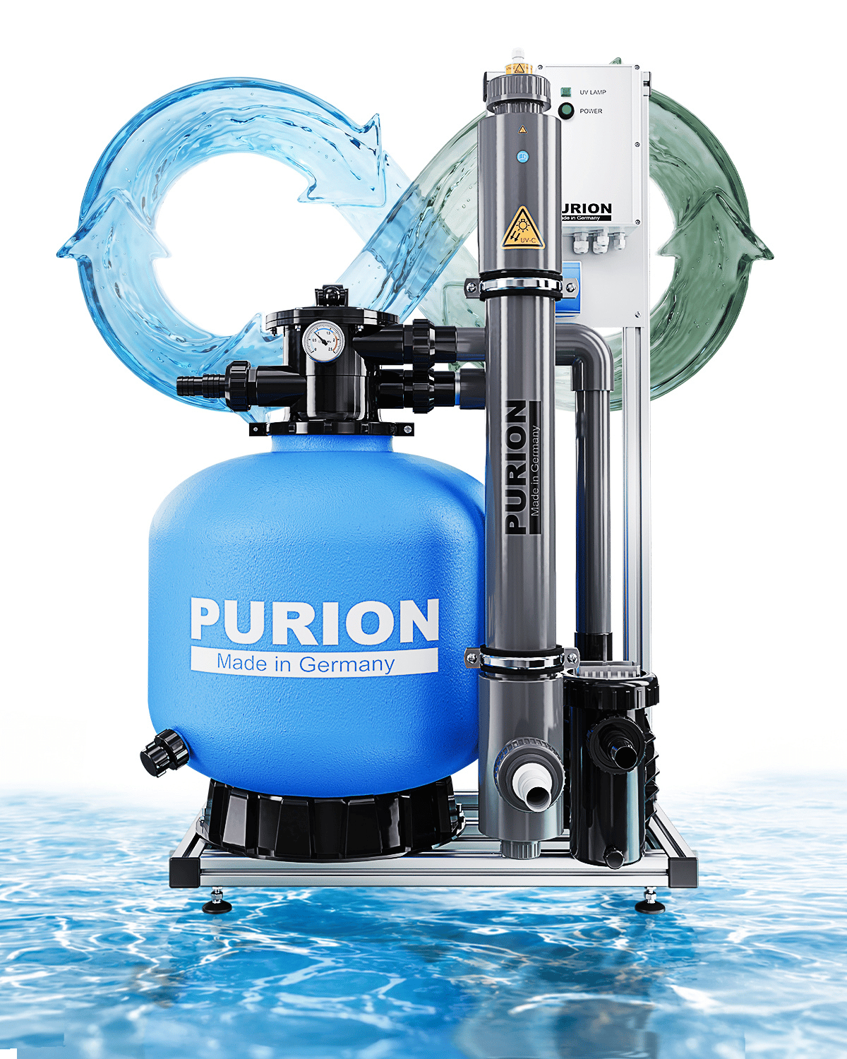 Eine blaue, salzwasserbeständige PURION GmbH Pool 80 PVC-U Plus UV-C Komplettanlage steht auf einer spiegelglatten Wasseroberfläche, im Hintergrund ist ein Infinity-Symbol mit Wassermotiv zu sehen, das die fortschrittlichen Desinfektionsfunktionen der Anlage hervorhebt.