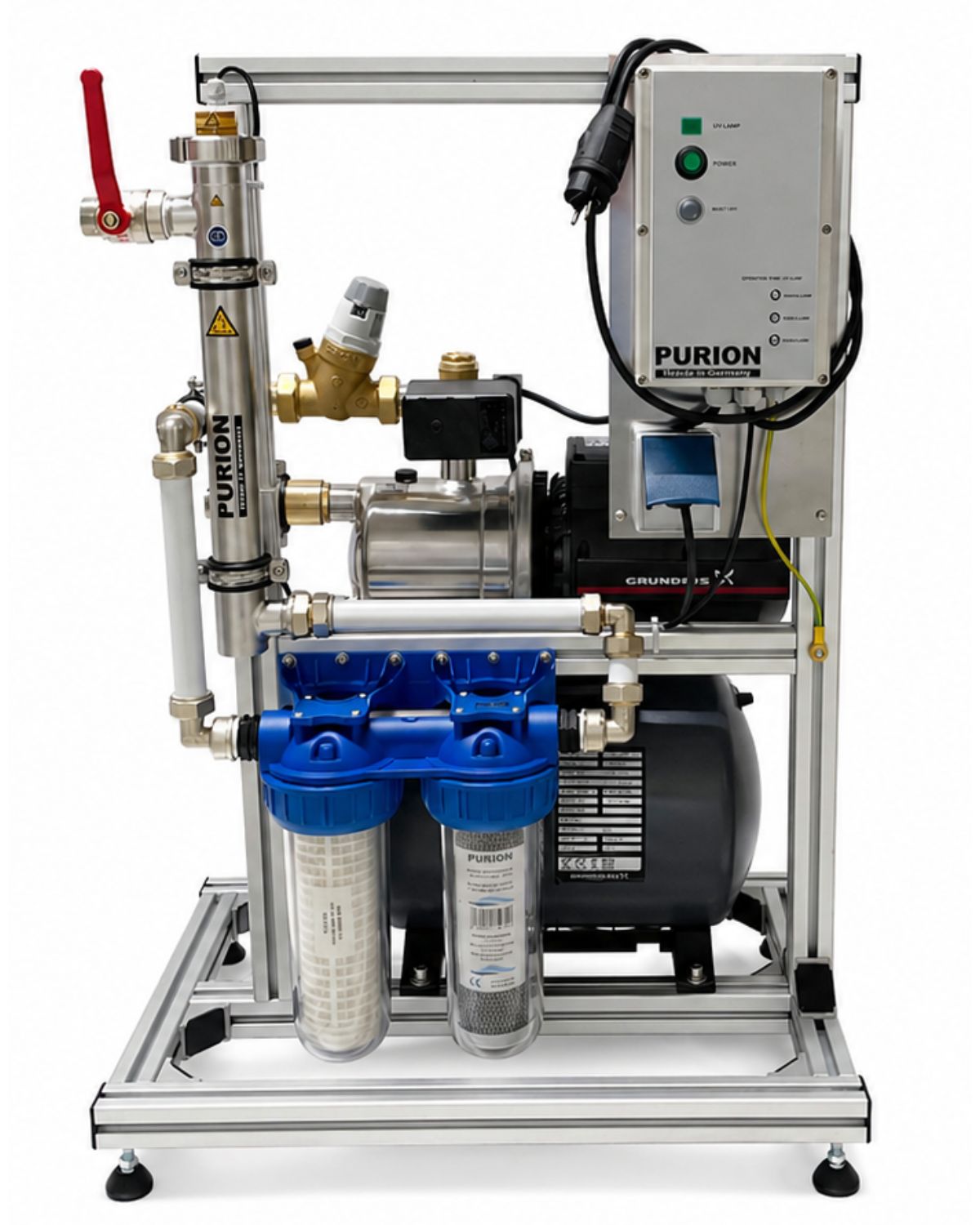 Die PURION GmbH PURION 1000 Starter active mit Grundfos JP 4-54 PT ist eine vormontierte Trinkwasseranlage mit Pumpe, Doppelfiltern, elektronischer Steuerung, UVC-Desinfektion und Manometer auf einem robusten Metallrahmen.