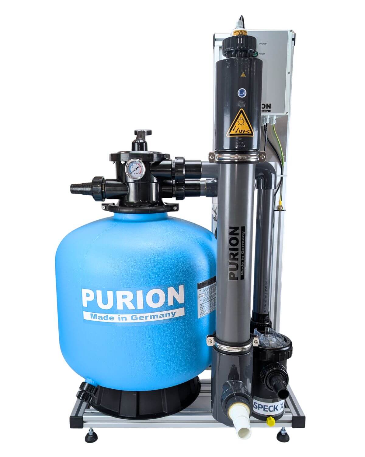 PURION Pool 80 PVC-U Basic fra PURION GmbH er et stort blåt industrielt vandfiltreringsanlæg med saltvandsegnet teknologi og reguleringsventiler, som gør det til et ideelt komplet UV-C-anlæg til effektiv pooldesinfektion. Fremstillet i Tyskland.