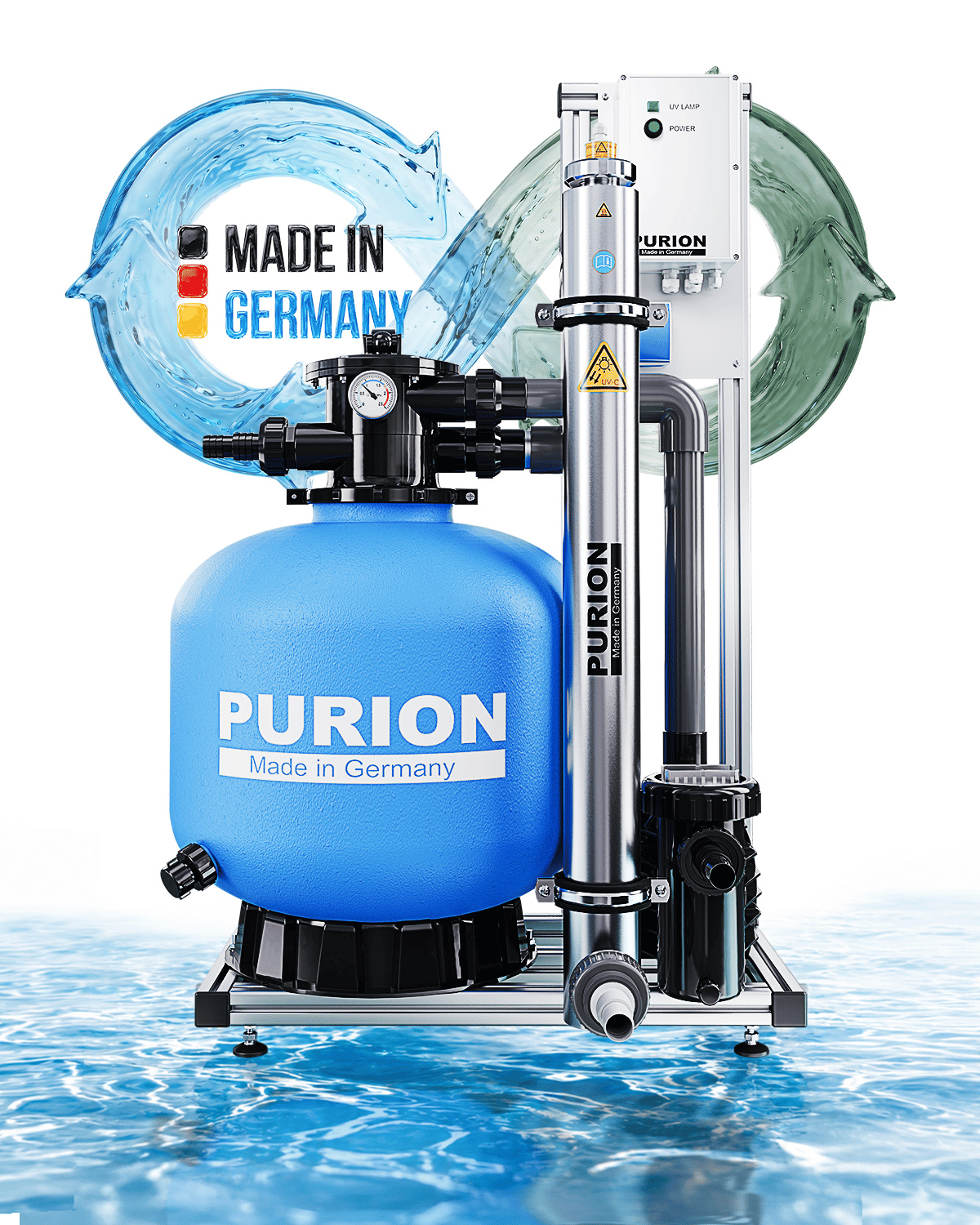 Der PURION Pool 80 Edelstahl Plus der PURION GmbH wird mit seinem Bedienfeld, den Filtern und den Rohren gezeigt – vor einem Wasserhintergrund mit dem auffälligen Schriftzug „MADE IN GERMANY“ und einer Wassertropfen-Grafik. Diese fortschrittliche UV-C-Komplettanlage sorgt für eine zuverlässige Desinfektion von Edelstahl-Schwimmbecken und kristallklares Wasser.