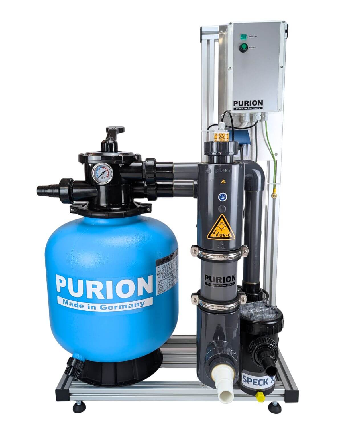 Το PURION Pool 40 PVC-U Basic της PURION GmbH είναι ένα βιομηχανικό σύστημα φιλτραρίσματος νερού για την επεξεργασία νερού πισίνας με απολύμανση UV-C, αποτελούμενο από μια μπλε δεξαμενή, συνδεδεμένους σωλήνες, όργανα μέτρησης και ηλεκτρικά εξαρτήματα πάνω σε μεταλλικό πλαίσιο.