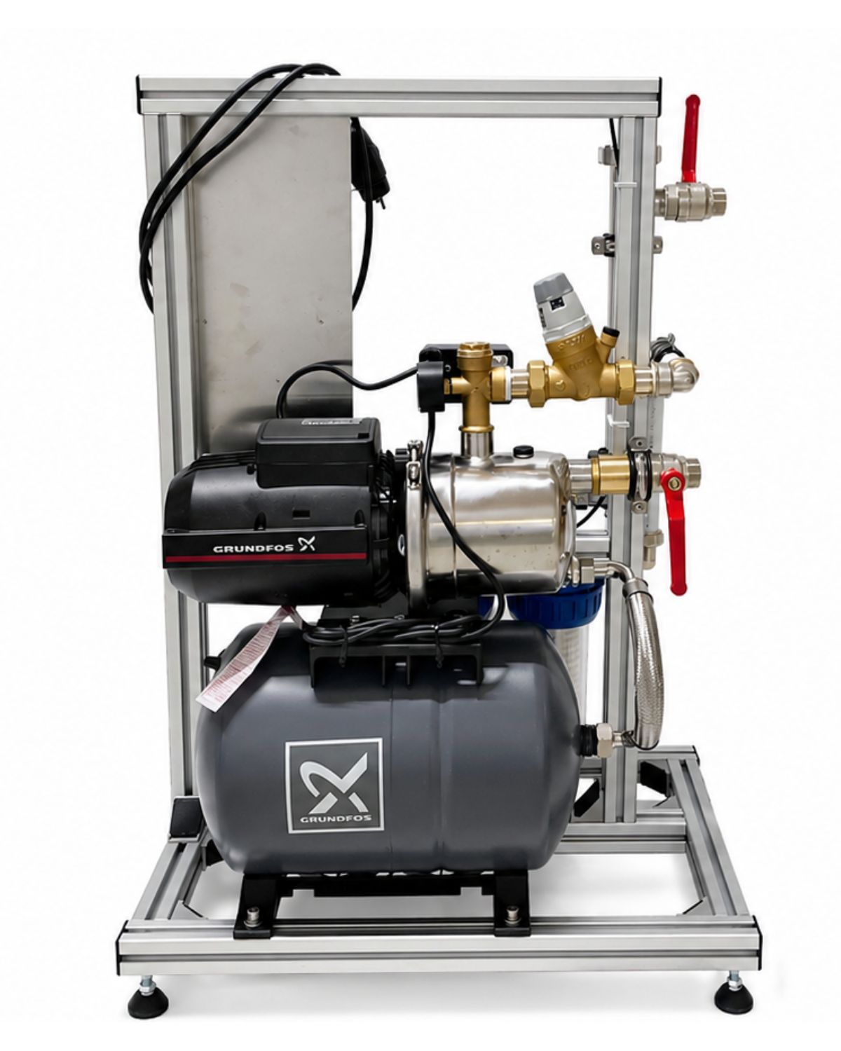 Die PURION 1000 Starter active mit Grundfos JP 4-54 PT ist eine vormontierte Trinkwasseraufbereitungsanlage der PURION GmbH, die über ein Hauswassersystem und eine UVC-Desinfektion verfügt und auf einem mobilen Metallrahmen montiert ist.