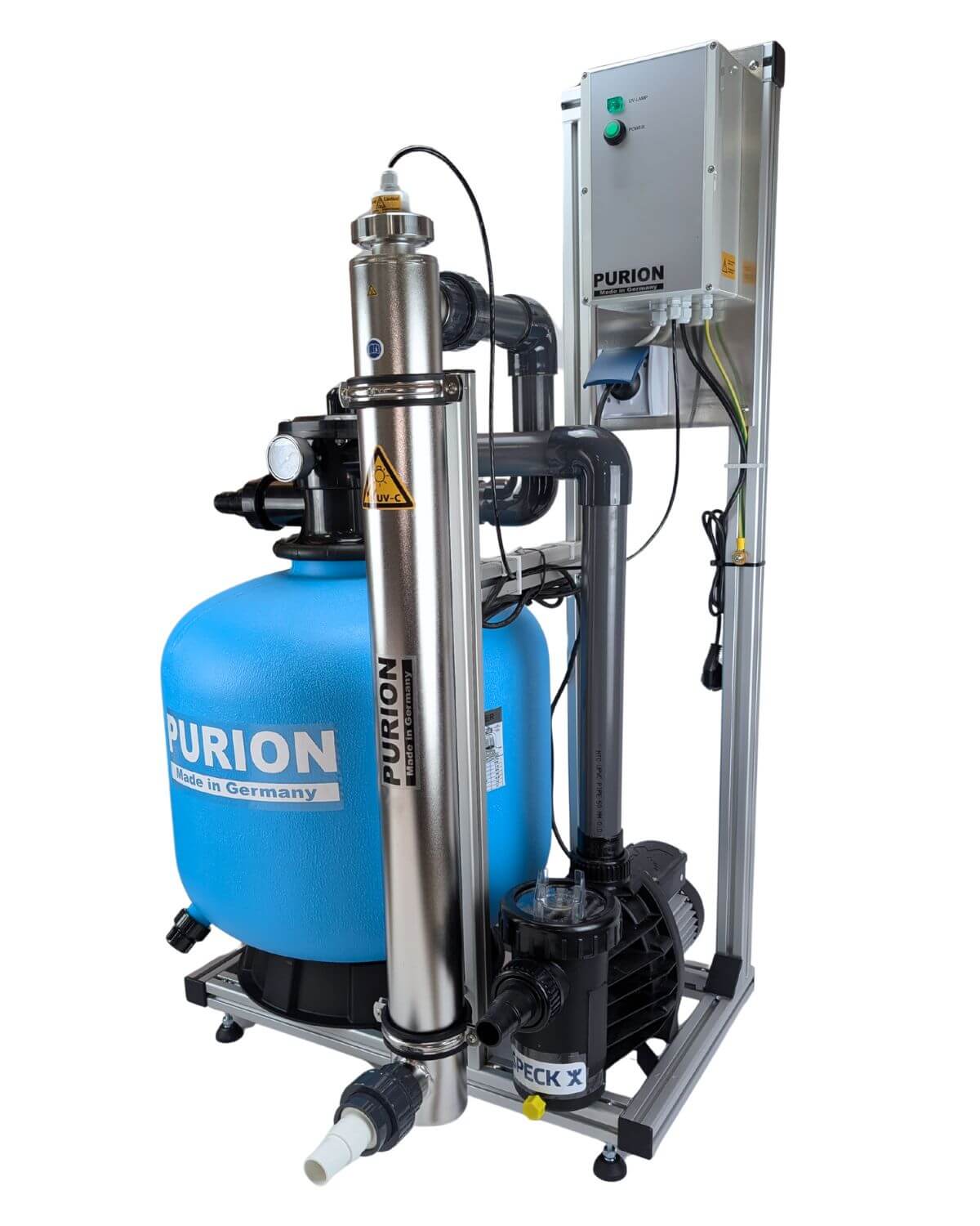 Die PURION GmbH Pool 80 Edelstahl Basic ist eine UV-C Komplettanlage mit blauem Tank, Edelstahlzylinder, Steuergerät, Leitungen und schwarzer Pumpe auf einem Metallrahmen - ideal für eine effektive Pooldesinfektion.