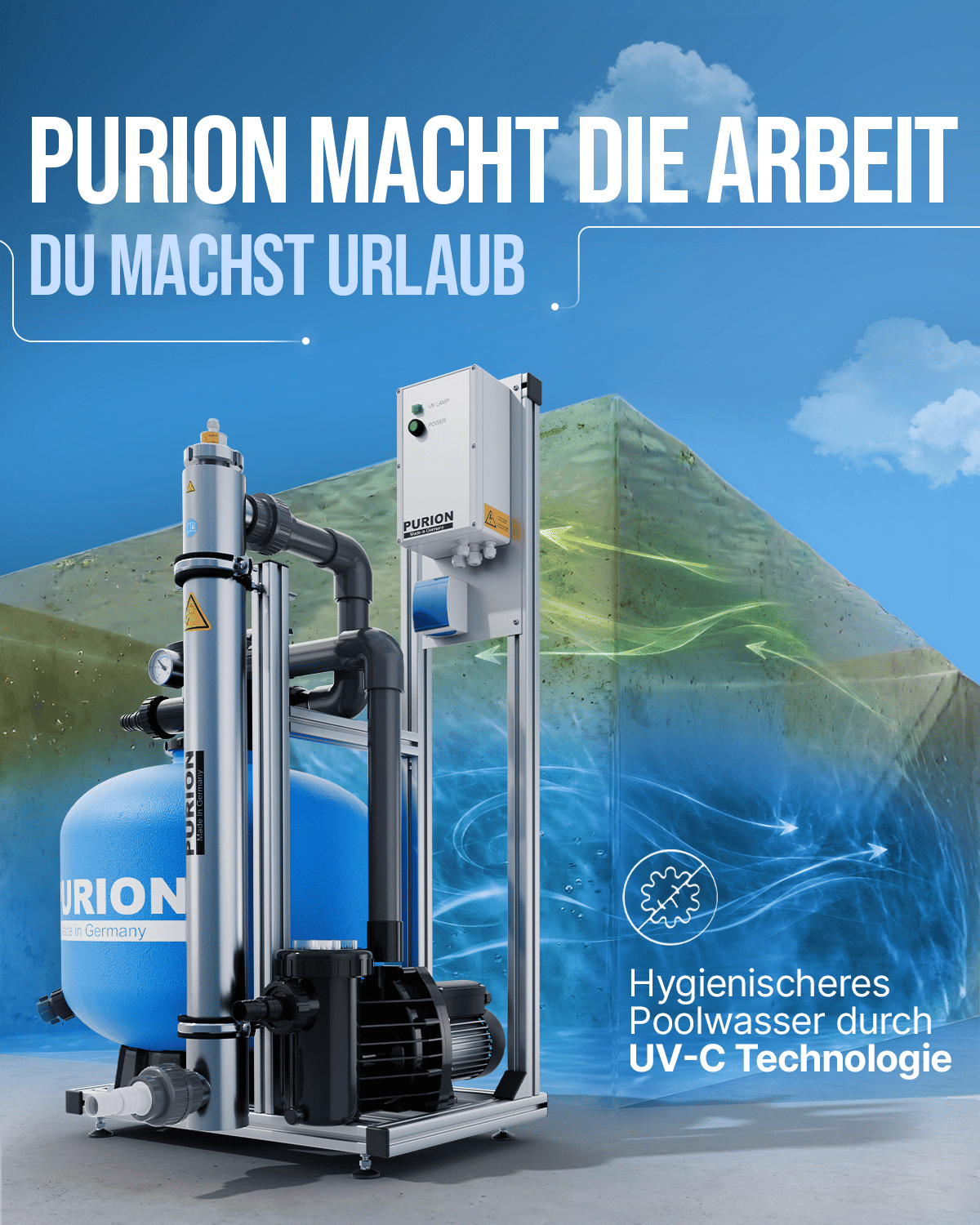 Abgebildet ist das industrielle UV-C-Wasseraufbereitungssystem „PURION Pool 80 Edelstahl Basic“ der PURION GmbH, das mit einer leistungsstarken UV-C-Komplettanlage aus Edelstahl für eine zuverlässige Desinfektion des Schwimmbadwassers sorgt und so zu hygienischem Schwimmbadwasser beiträgt. Im Hintergrund sind klares und trübes Wasser diagonal voneinander getrennt zu sehen, flankiert von deutschen und englischen Texten, die die Themen Urlaub und Sauberkeit hervorheben.
