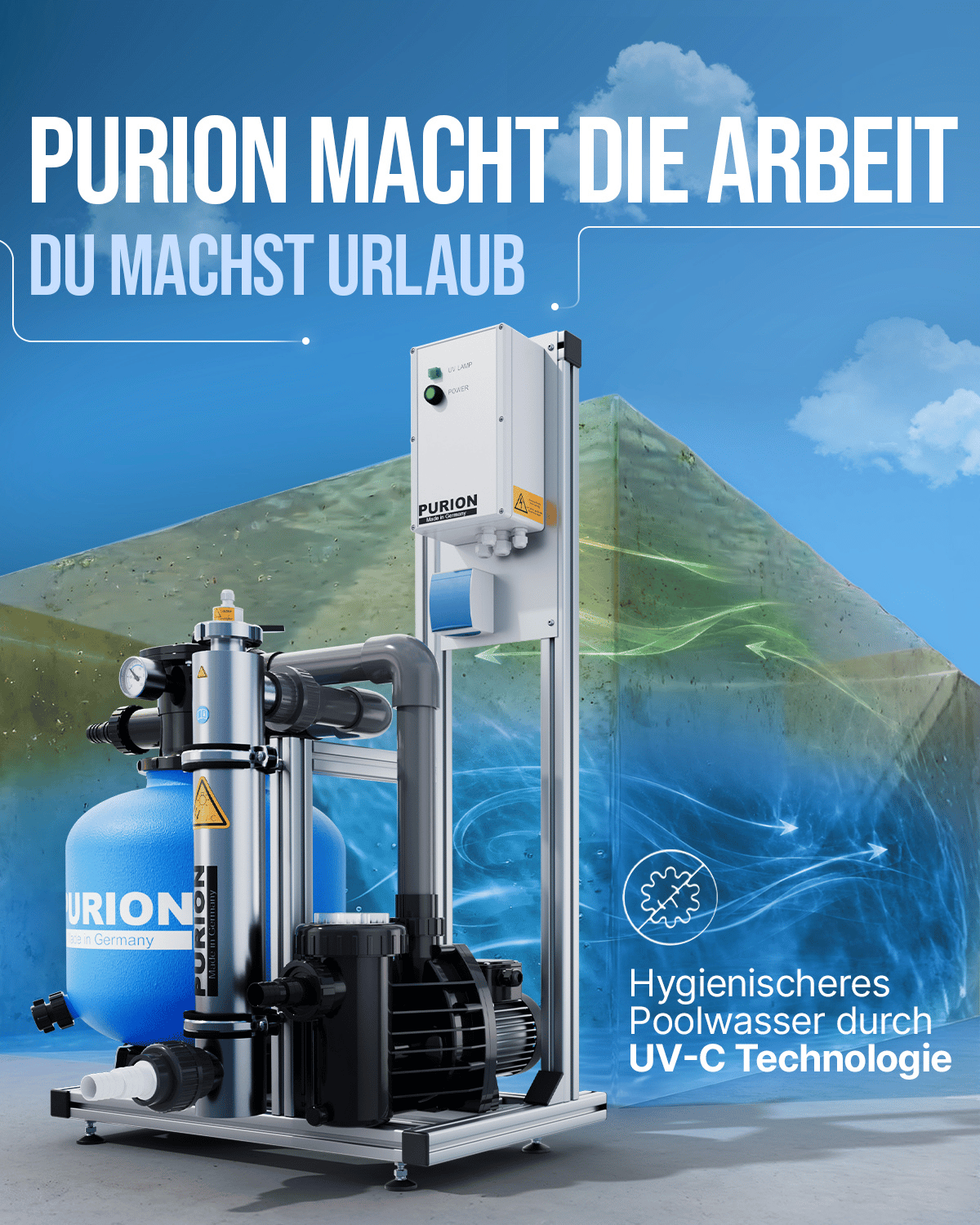 Der PURION Pool 40 Edelstahl Plus der PURION GmbH wird in den Innenräumen präsentiert. Der deutsche Text hebt die UV-C-Pool-Desinfektionstechnologie hervor, die für hygienisches Poolwasser und einen effizienten Betrieb der Sandfilteranlage sorgt – so bleibt Ihr Wasser sauber, auch wenn Sie im Urlaub sind.